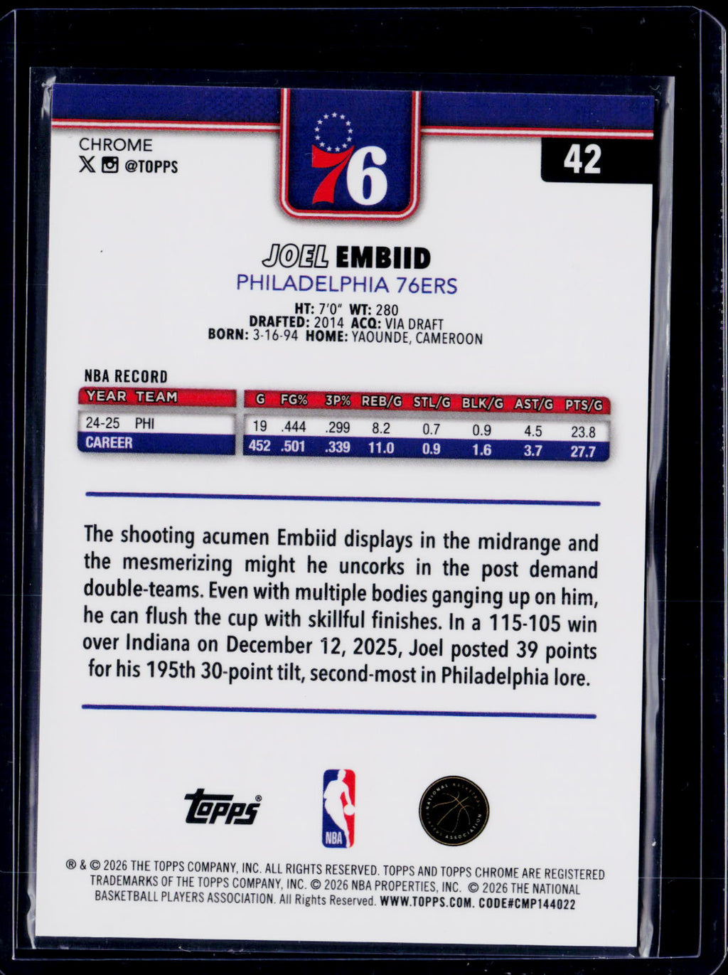 2025-26 Topps Chrome Update Joel Embiid Purple Basketball /75