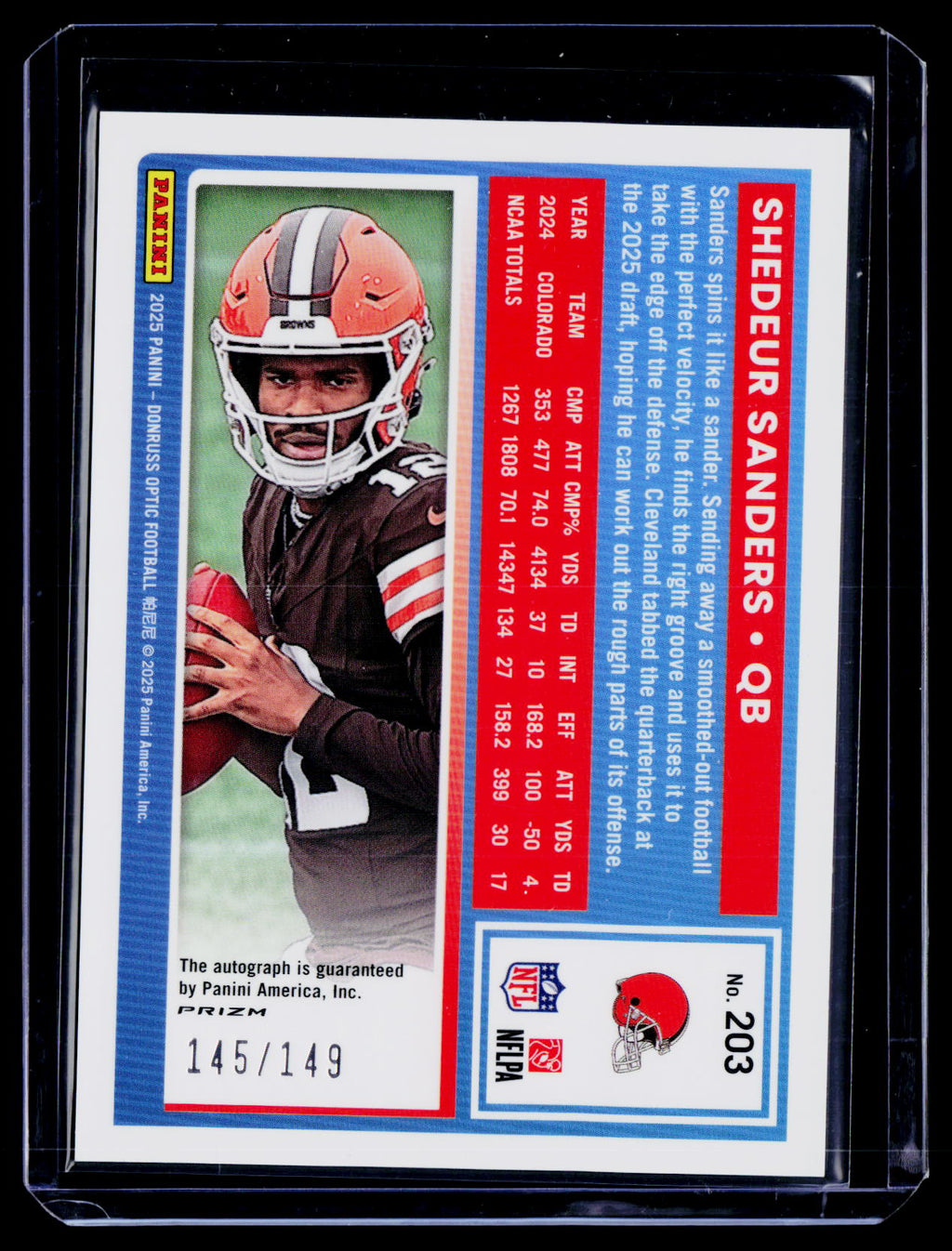 2025 Donruss Optic Shedeur Sanders Rookie Blue Prizm Auto 145/149 RC