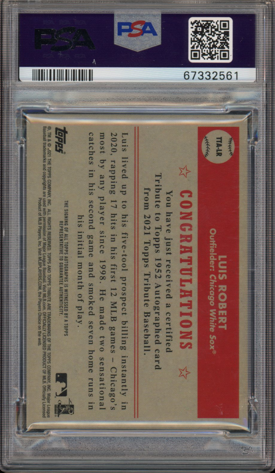 2021 Tribute Luis Robert Tribute To Topps Auto 78/99 PSA 10