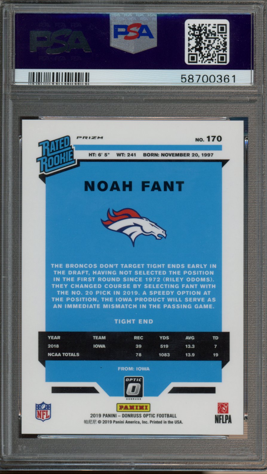 2019 Donruss Optic Noah Fant Rookie White Sparkle PSA 9 RC