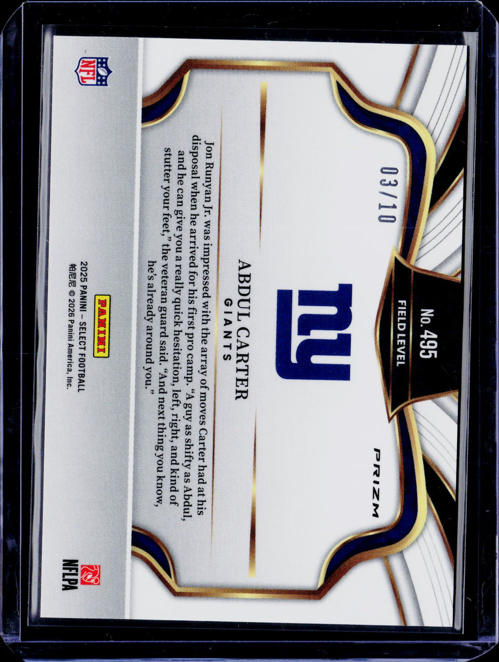 2025 Select Abdul Carter Field Level Gold 03/10 RC