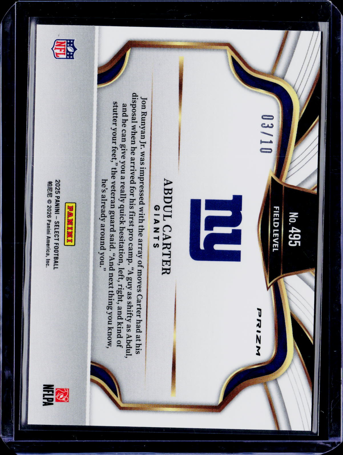 2025 Select Abdul Carter Field Level Gold 03/10 RC