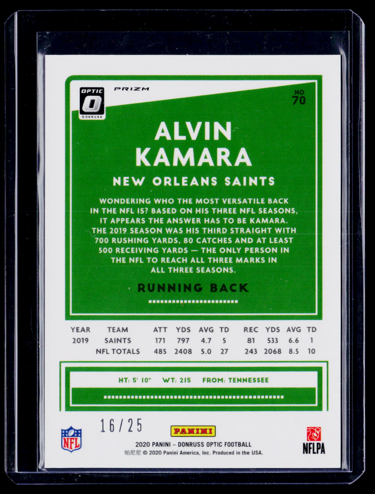 2020 Donruss Optic Alvin Kamara Black Pandora 16/25