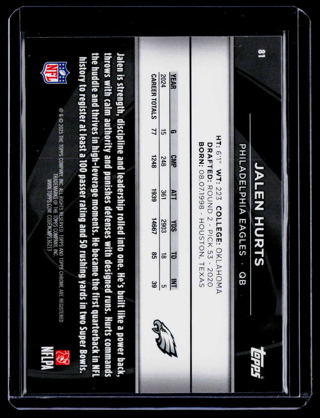 2025 Topps Chrome Black Jalen Hurts Purple Refractor 54/75