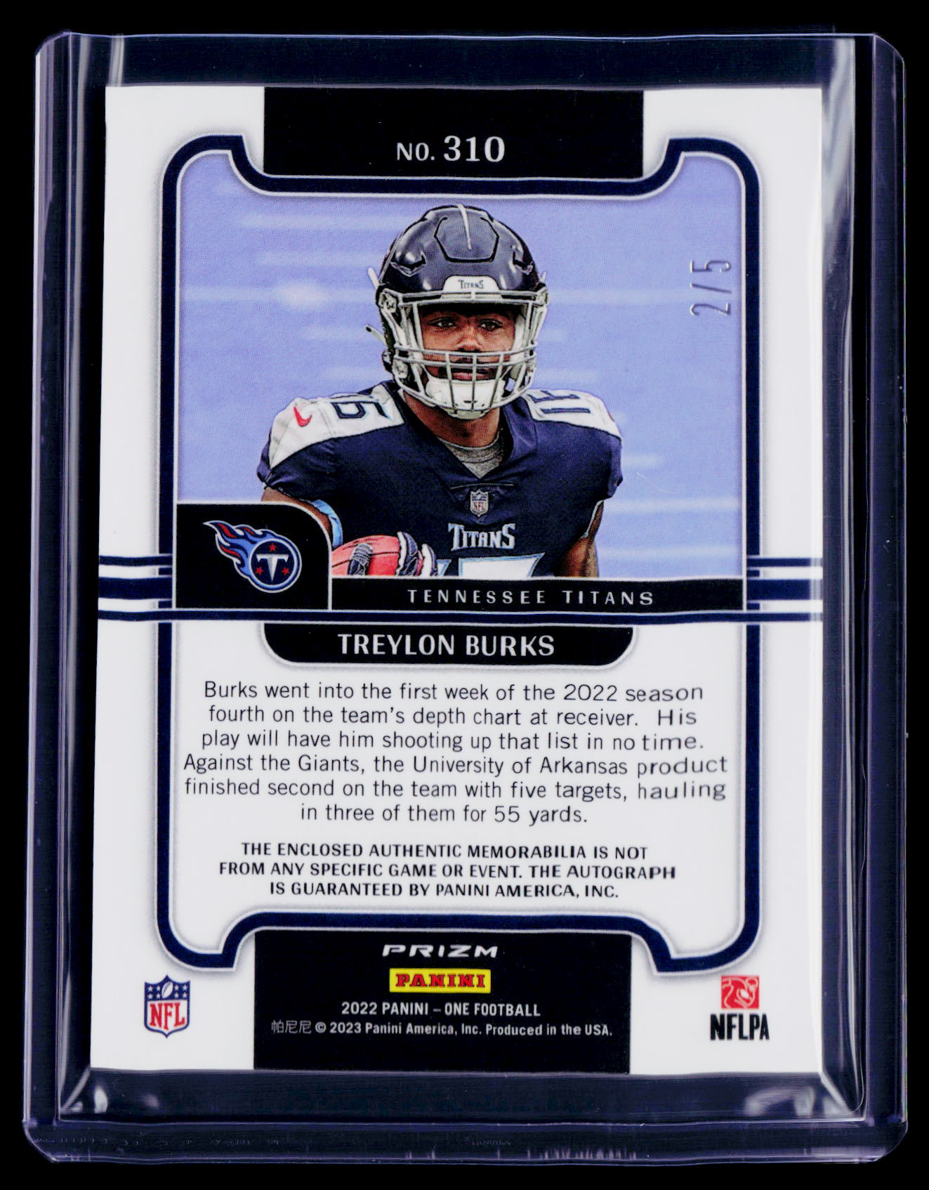2022 Panini One Treylon Burks Rookie Patch Auto RPA 2/5 Nike RC