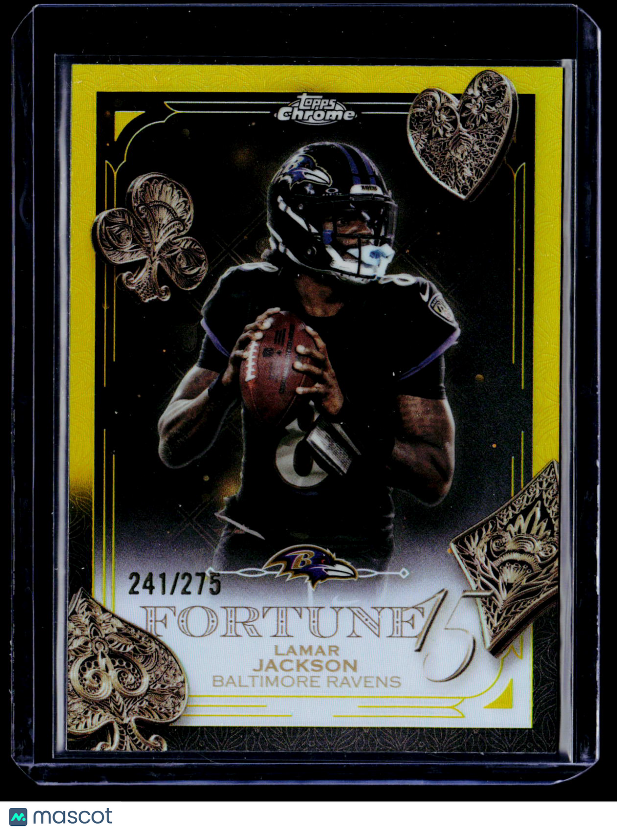 2025 Topps Chrome Lamar Jackson Fortune 15 Yellow Refractor 241/275