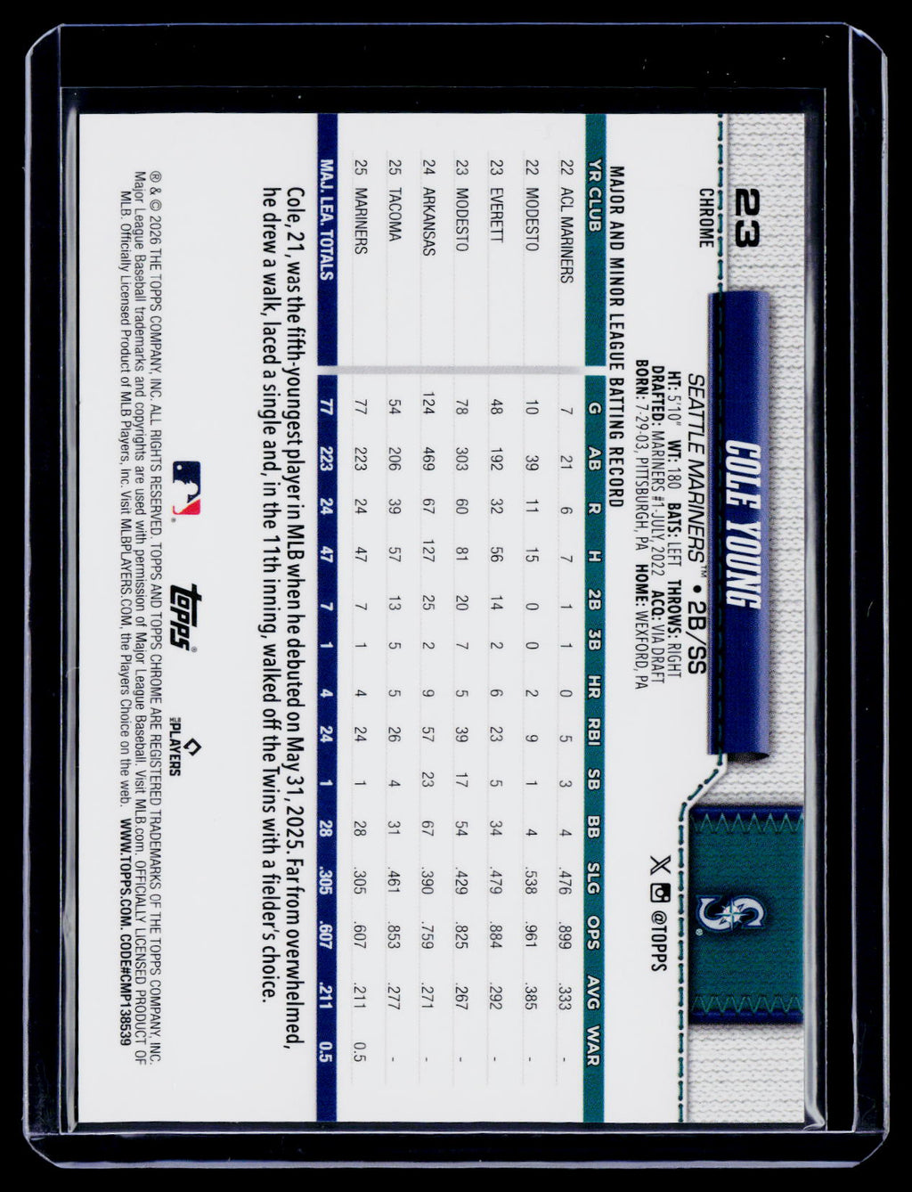 2026 Topps Chrome Cole Young Rookie Gold Geometric 47/50 RC
