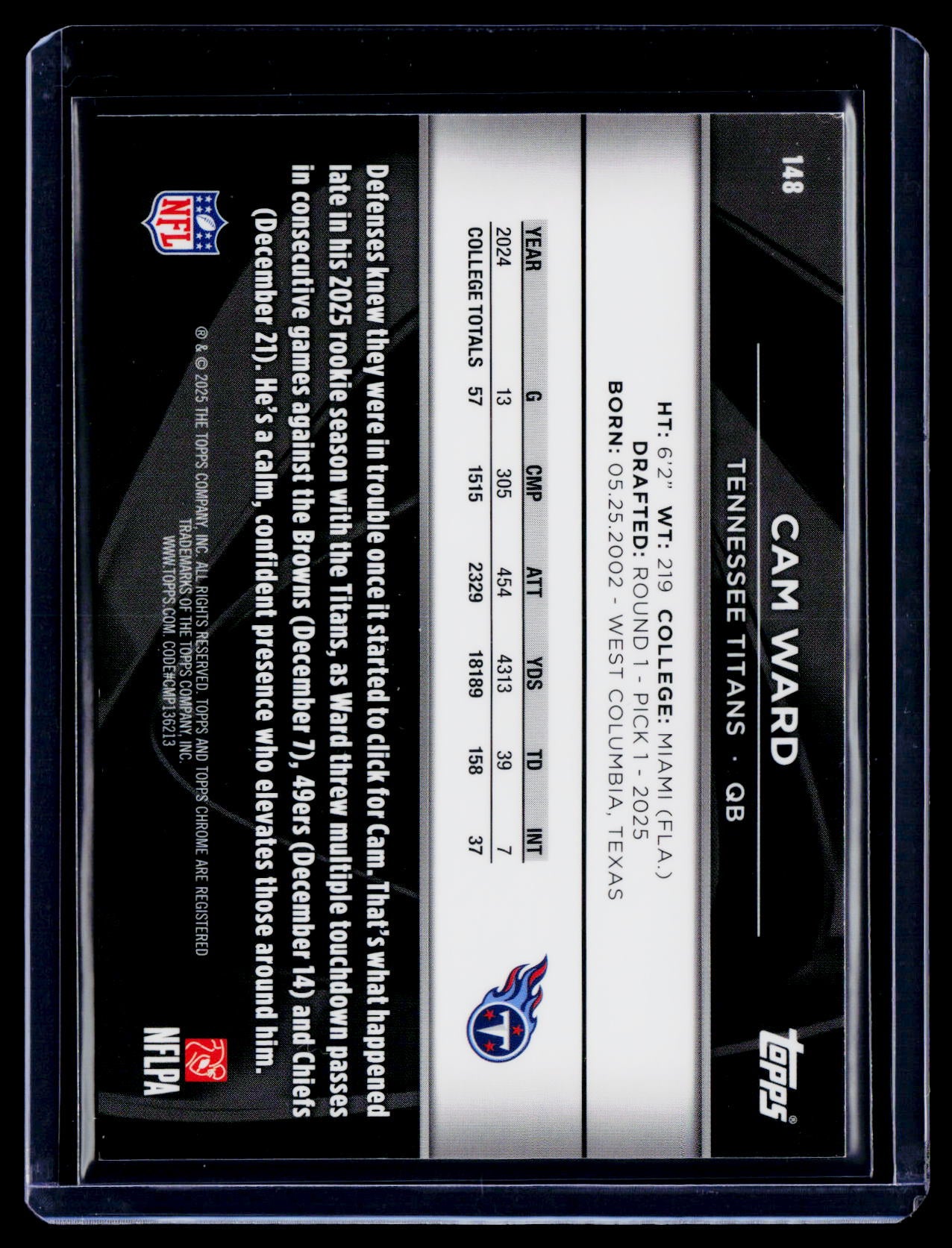 2025 Topps Chrome Black Cam Ward Rookie Blue Wave 76/150 RC
