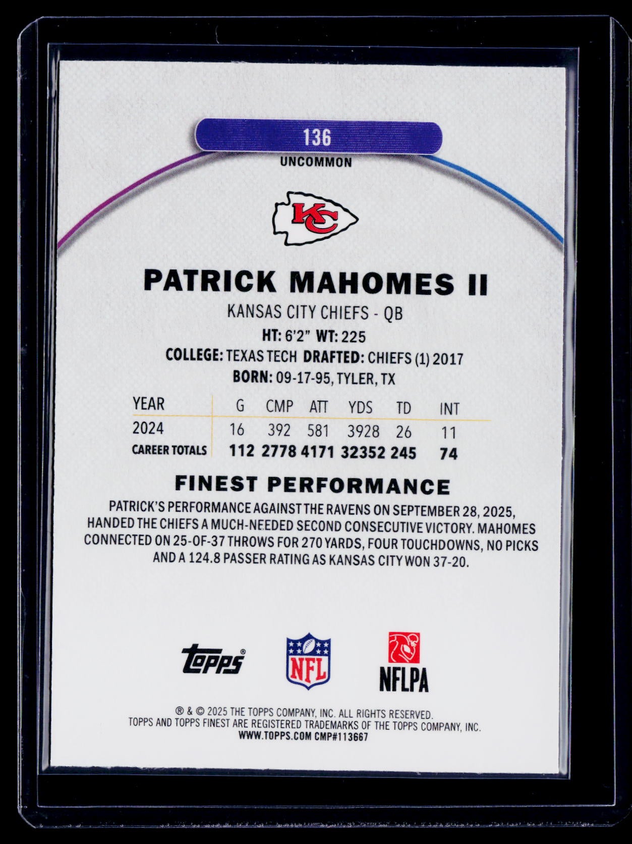 2025 Topps Finest Patrick Mahomes Purple X-Fractor 5/99