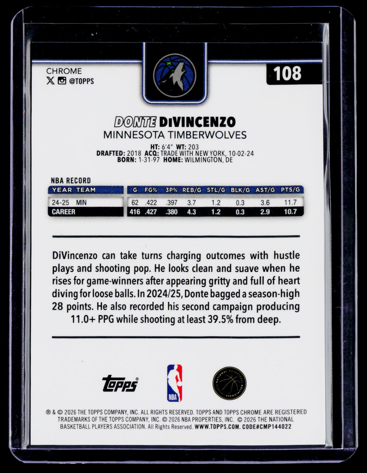 2025 Topps Chrome Update Donte DiVincenzo Black Geometric 9/10