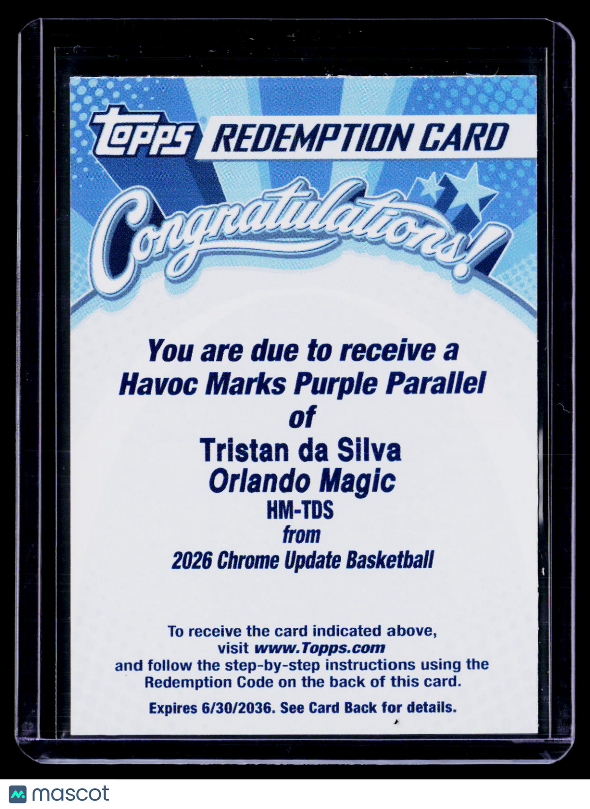 2025 Topps Chrome Update Tristan da Silva Havoc Marks Purple Auto /75 REDEMPTION