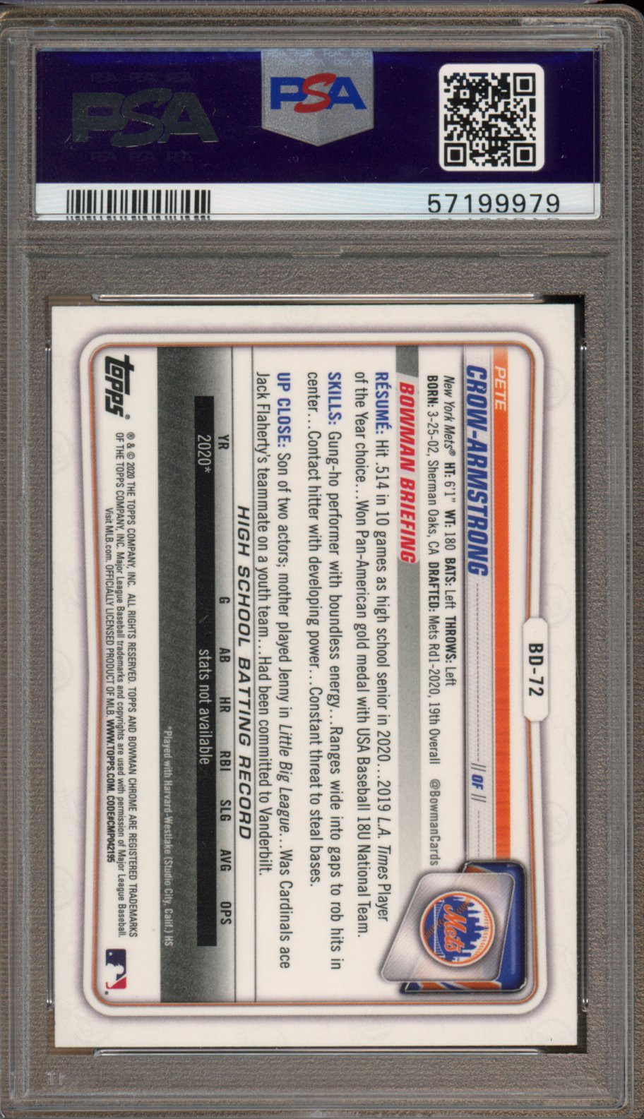 2020 Bowman Draft Pete Crow-Armstrong Chrome PSA 10