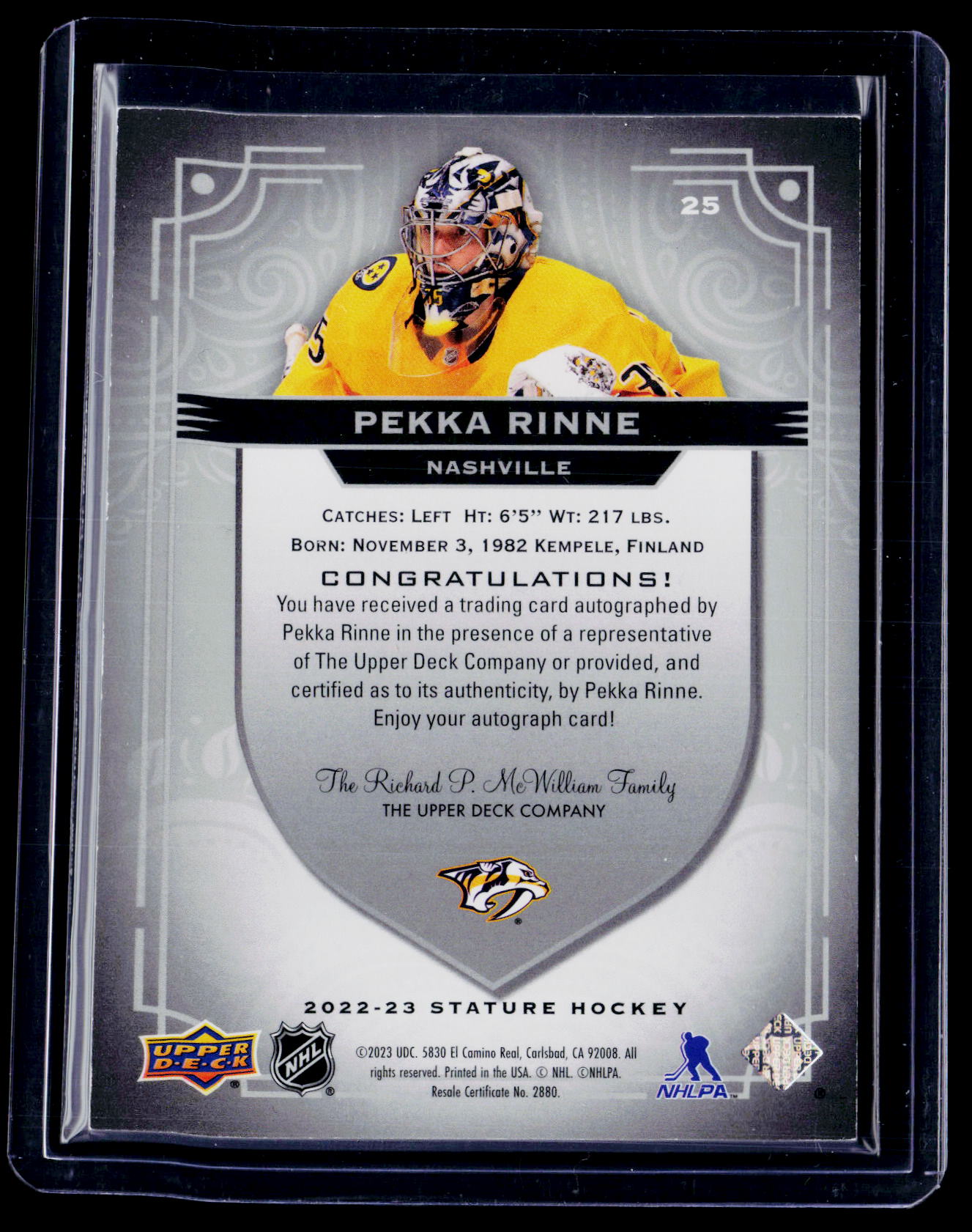 2022-23 Upper Deck Stature Pekka Rinne Auto