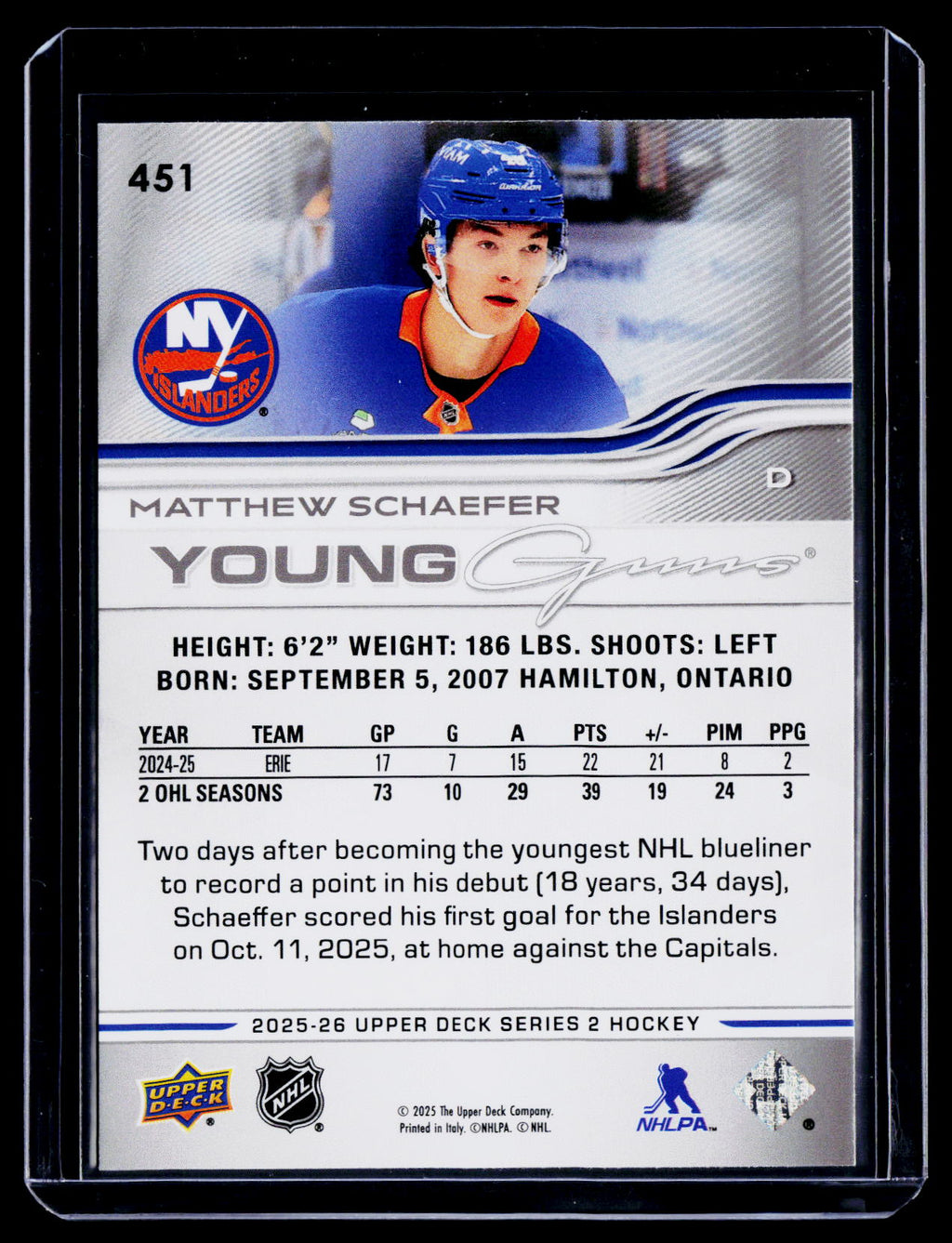 2025-26 Upper Deck Series 2 Matthew Schaefer Young Guns RC