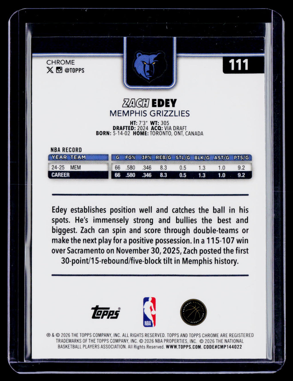 2025 Topps Chrome Udpate Zach Edey Geometric 70/99
