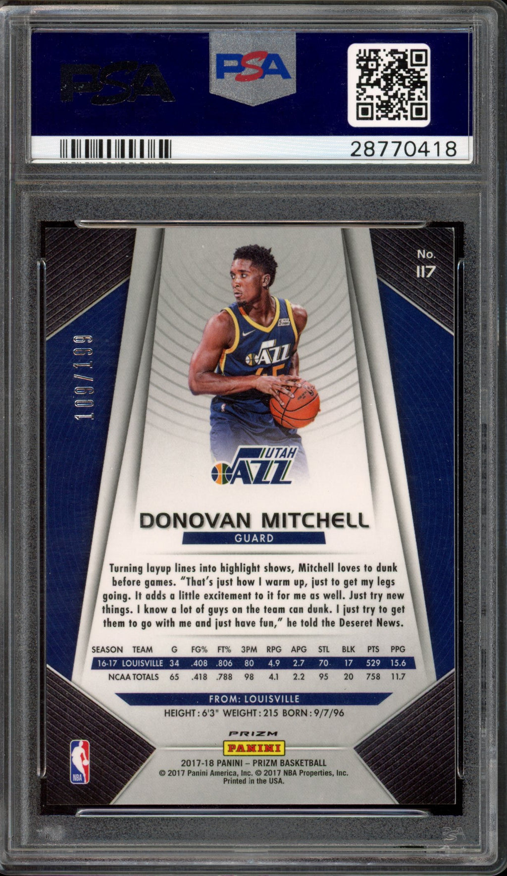 2017 Prizm Donovan Mitchell Blue 109/199 PSA 9 RC