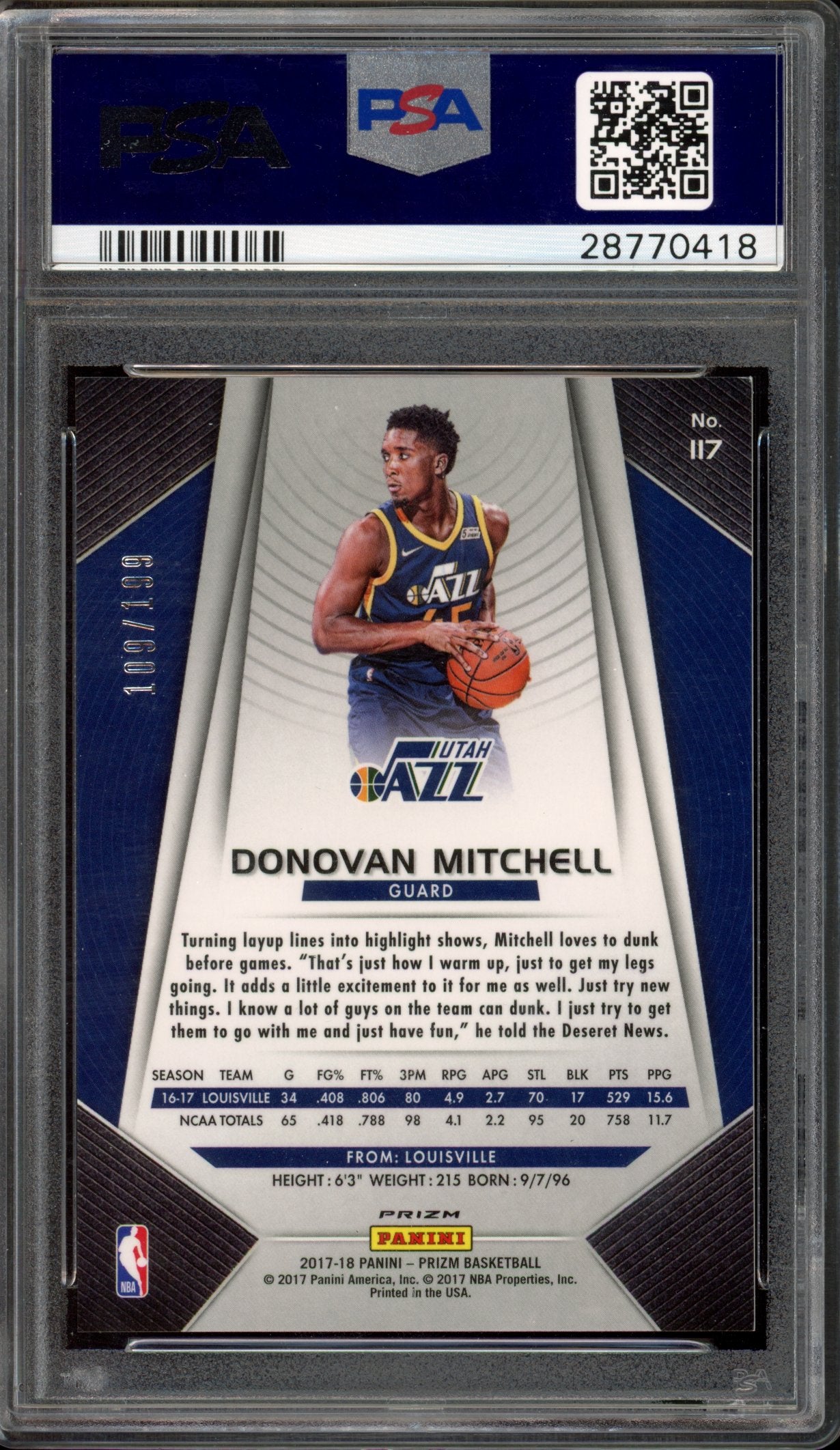 2017 Prizm Donovan Mitchell Blue 109/199 PSA 9 RC