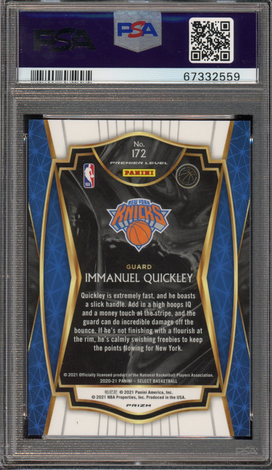 2020 Select Immanuel Quickley Rookie Cosmic Premier Level PSA 10 RC