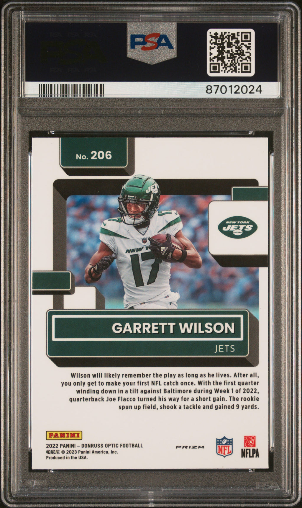 2022 Panini Donruss Optic Garrett Wilson #206 Blue Glitter PSA 9
