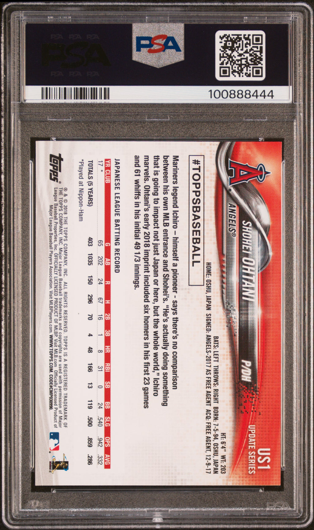 2018 Topps Update Shohei Ohtani Rookie PSA 9 RC