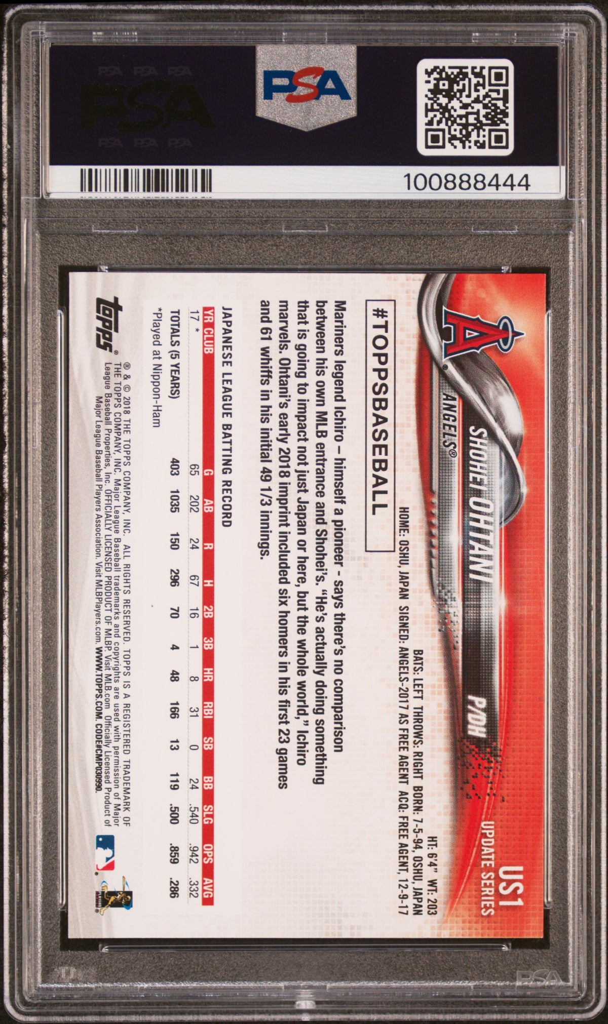 2018 Topps Update Shohei Ohtani Rookie PSA 9 RC