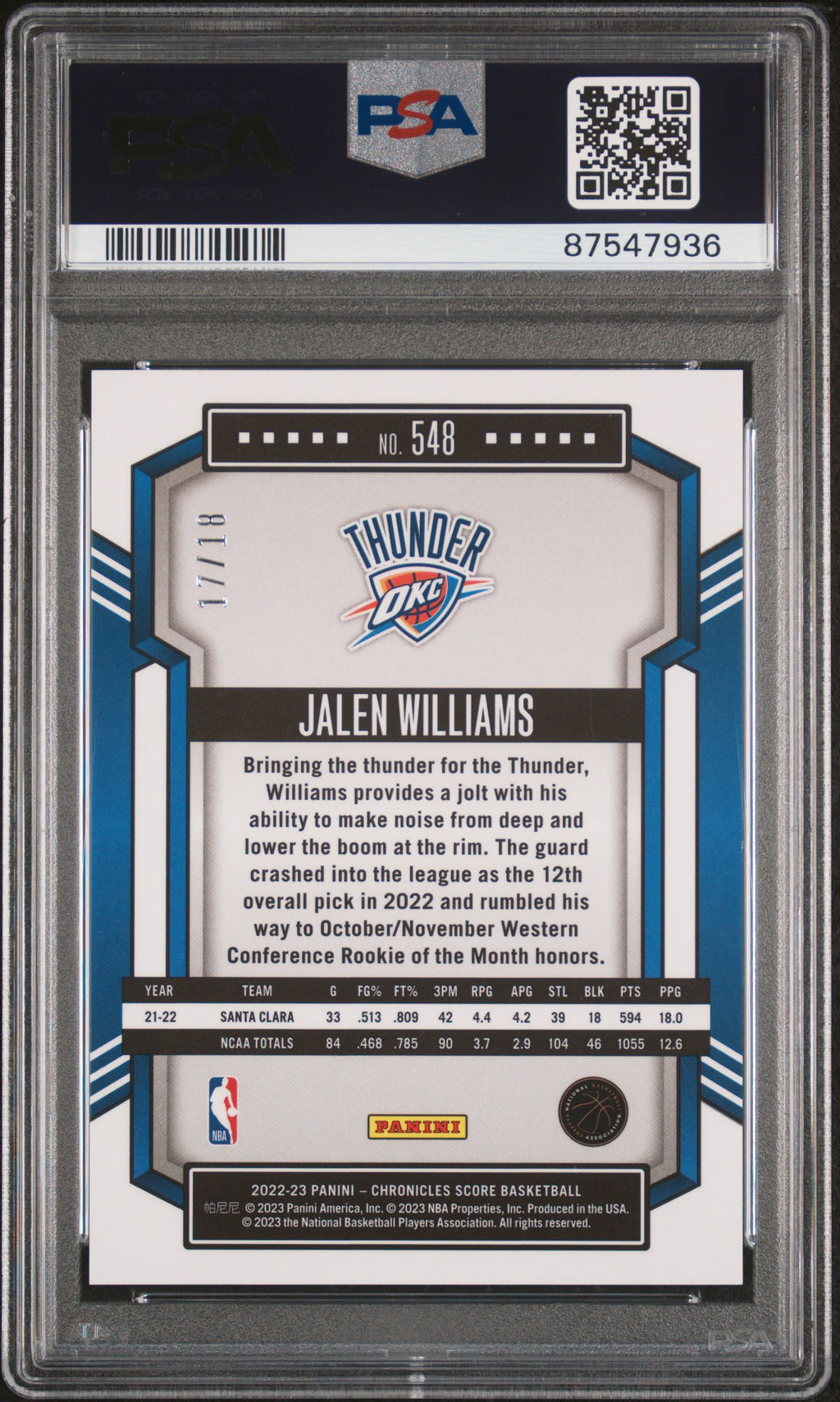 2022 Chronicles Jalen Williams Rookie Asia Jade 17/18 PSA 10 RC