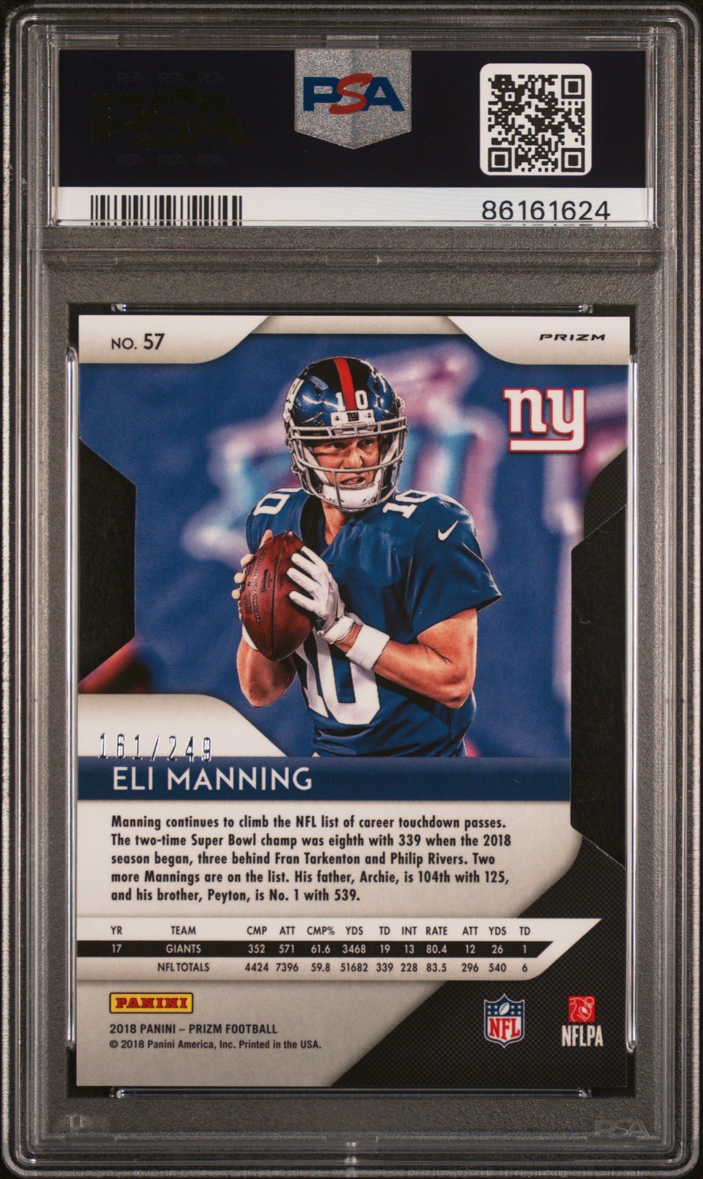 2018 Prizm Eli Manning Orange Prizm Die Cut 161/249 PSA 10