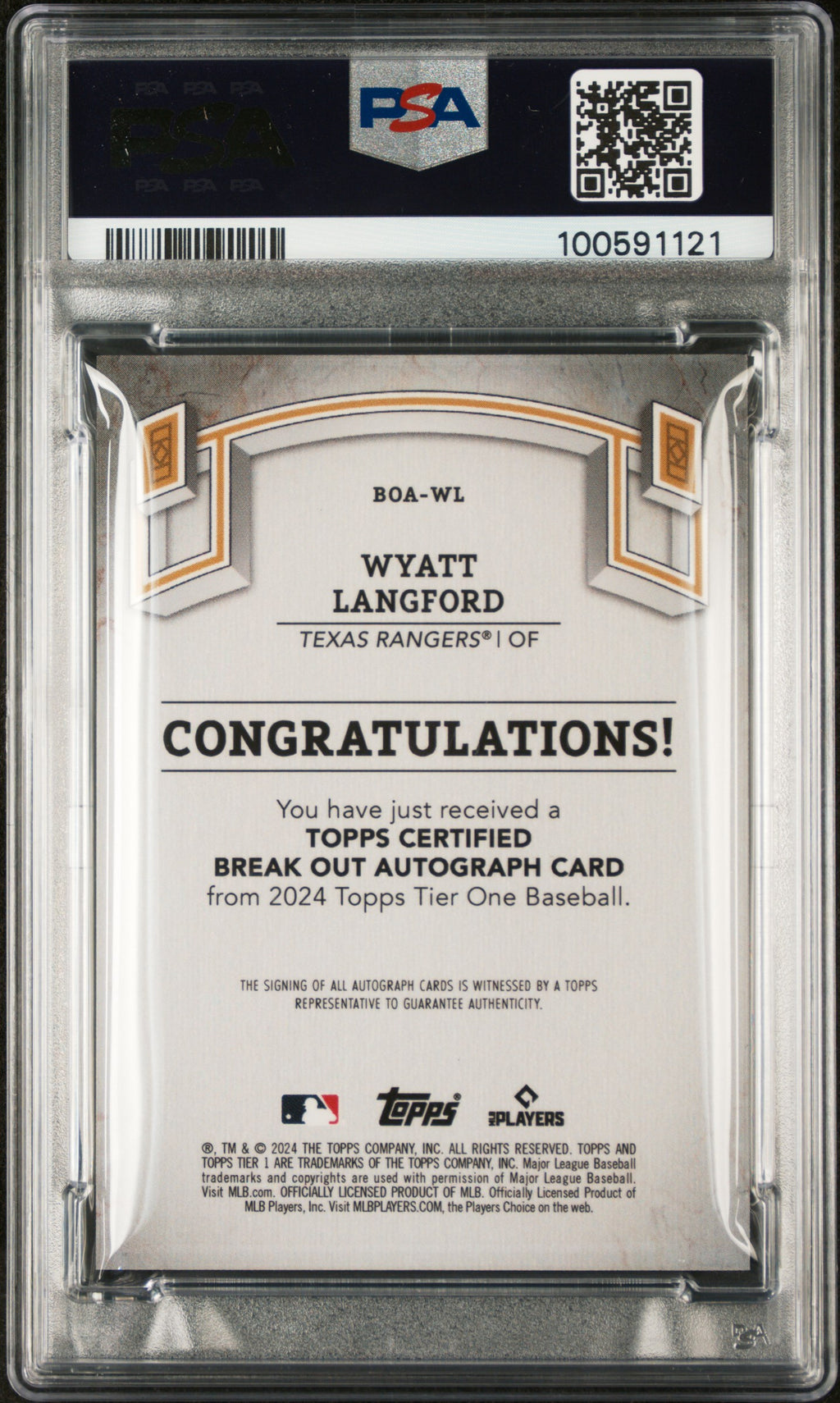 2024 Topps Tier One Break Out Autographs Wyatt Langford #BOAWL Red Foil /25 PSA 9