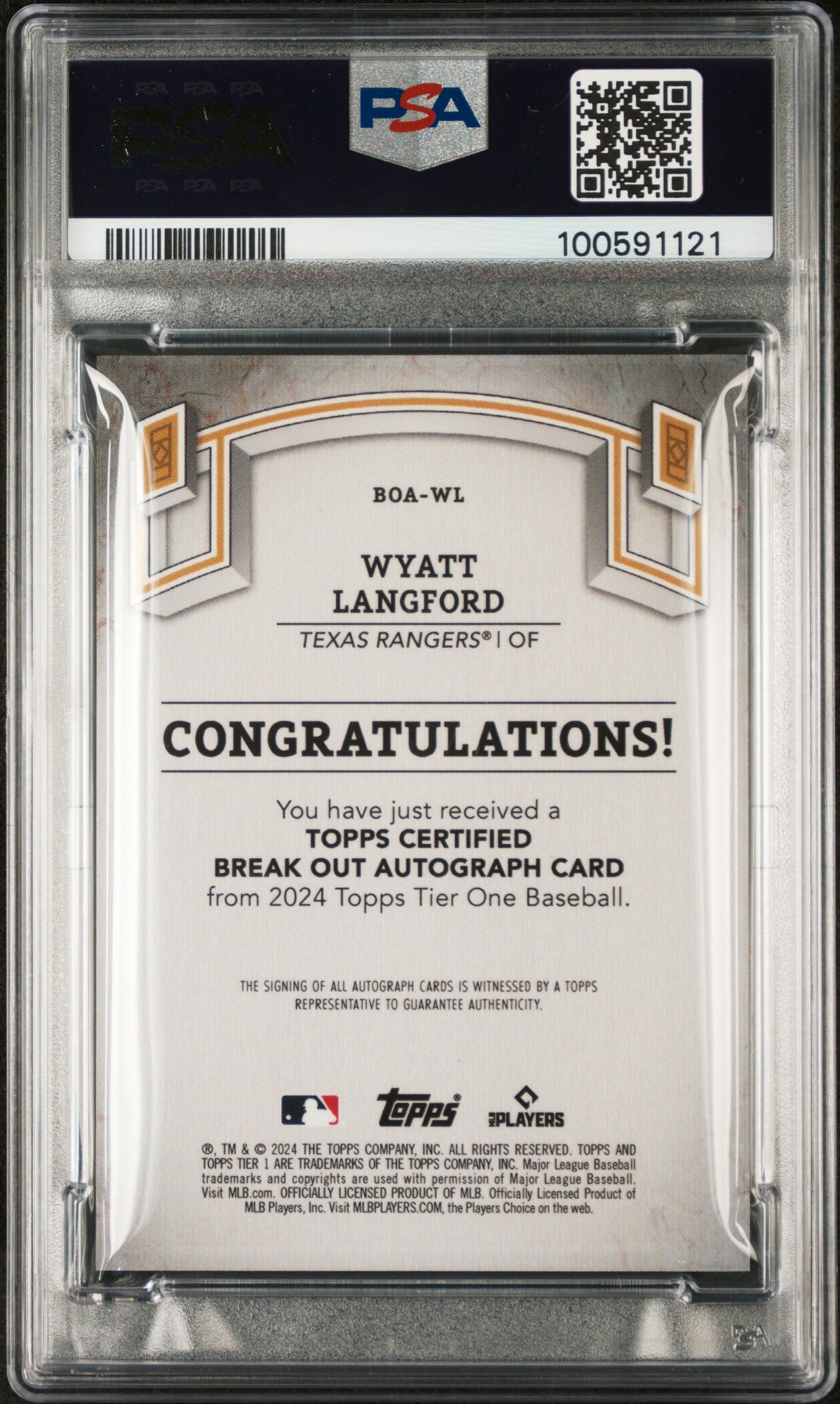 2024 Topps Tier One Break Out Autographs Wyatt Langford #BOAWL Red Foil /25 PSA 9