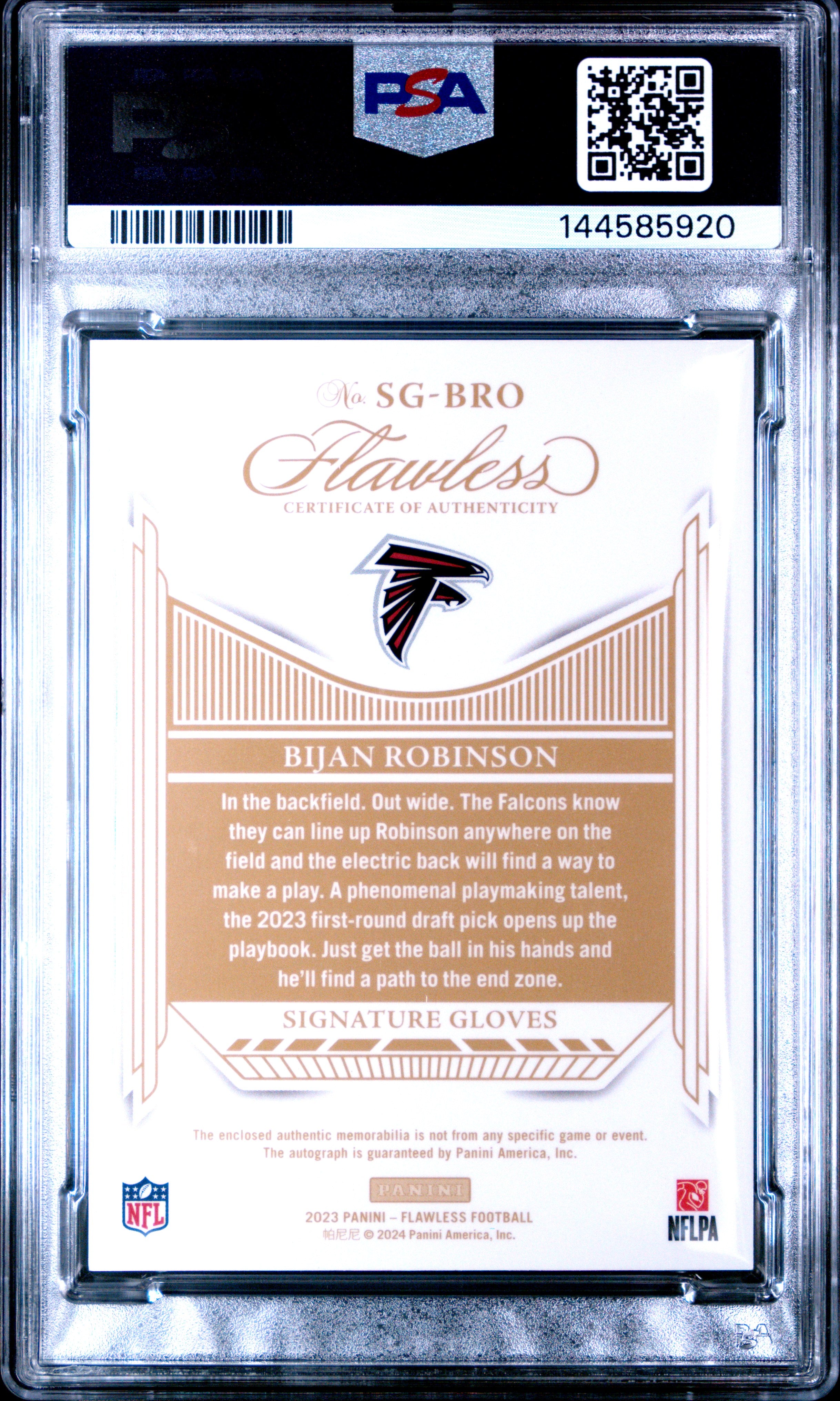 2023 Flawless Bijan Robinson Signature Gloves Silver PSA 9