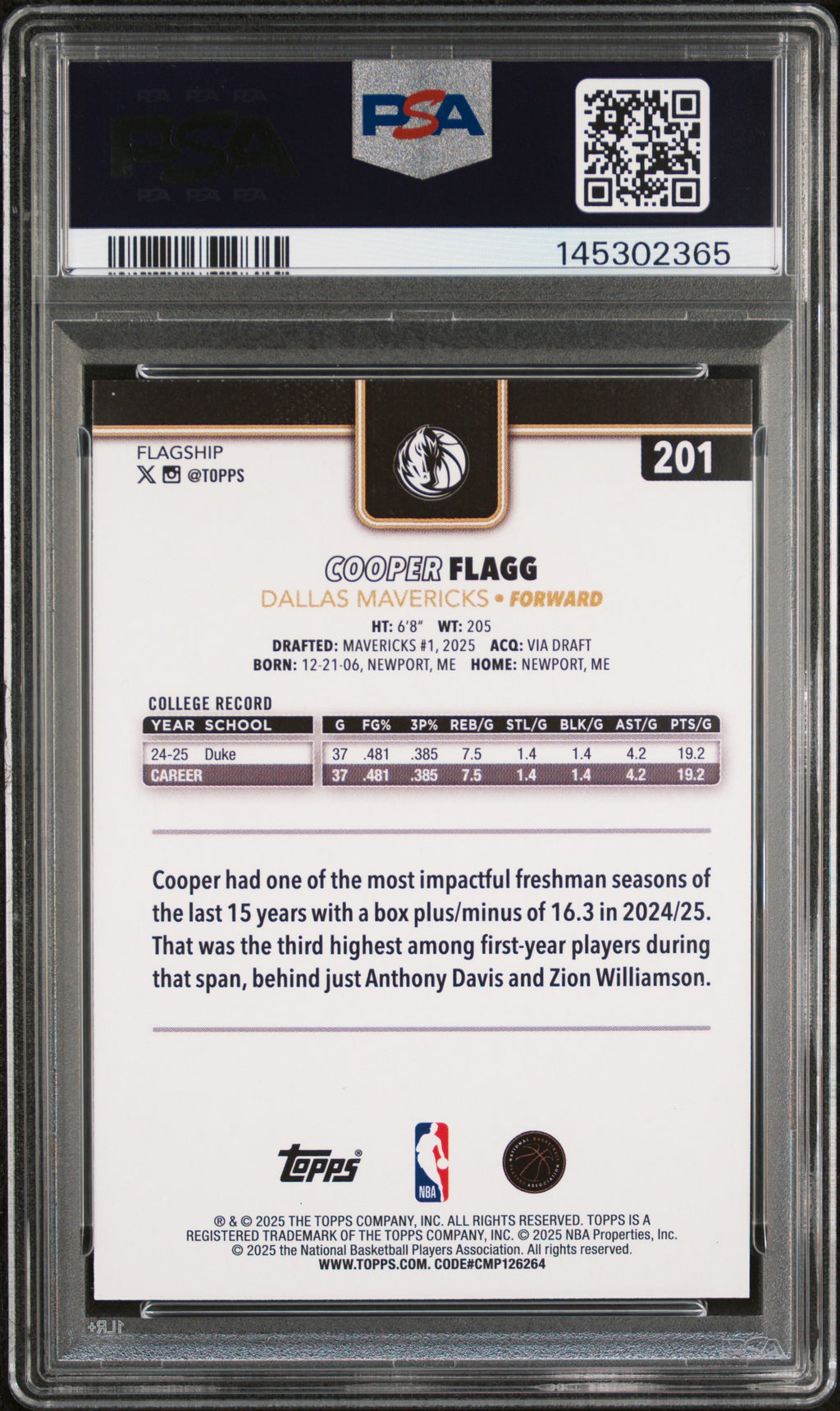 2025 Topps Cooper Flagg Blackout PSA 8