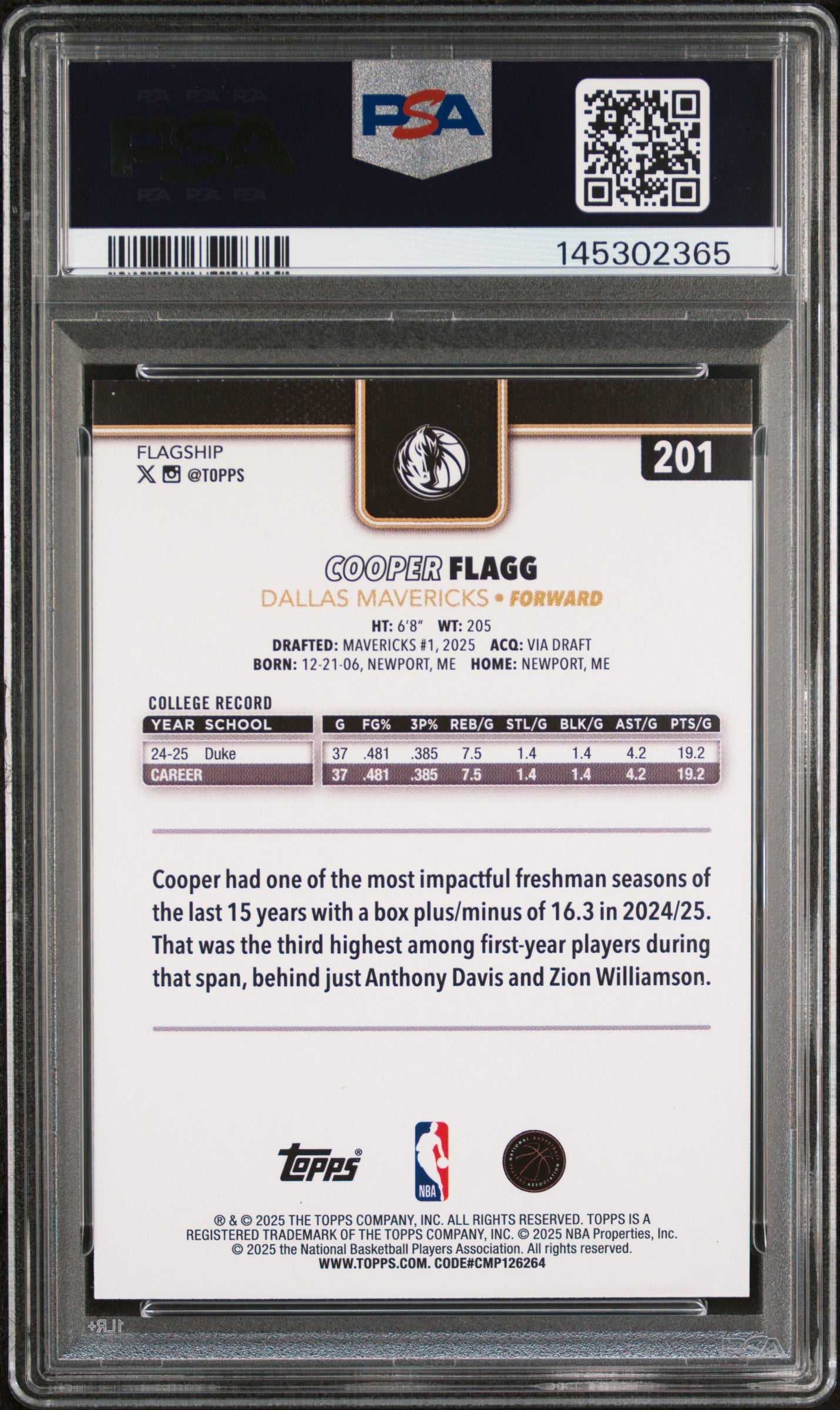 2025 Topps Cooper Flagg Blackout PSA 8