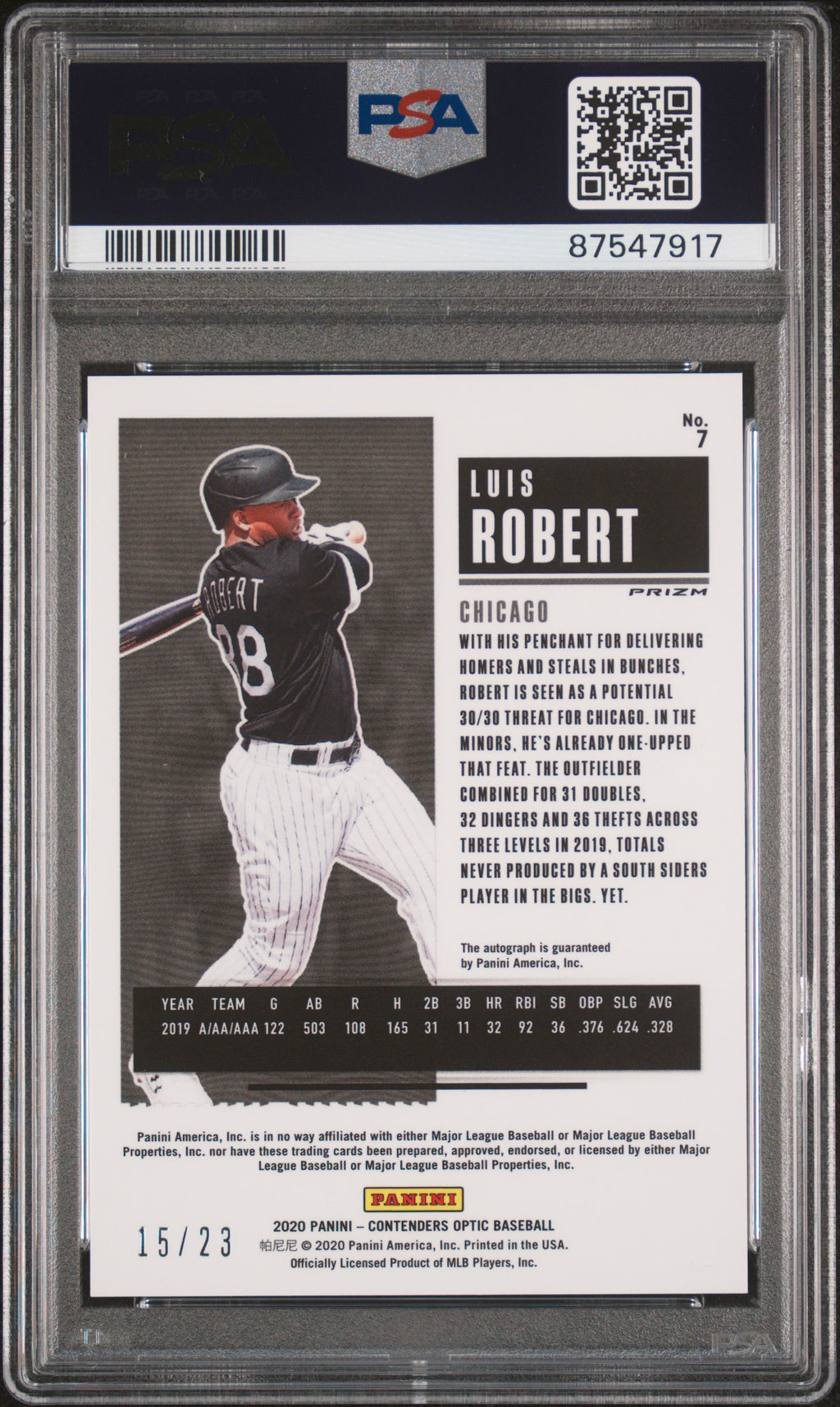 2020 Contenders Luis Robert Rookie Cracked Ice Auto 15/23 PSA 9 RC