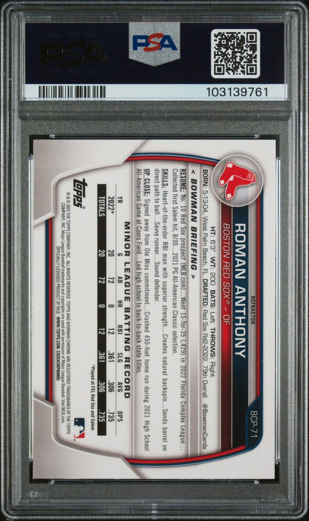 2023 Bowman Roman Anthony Lunar Glow Refractor PSA 10