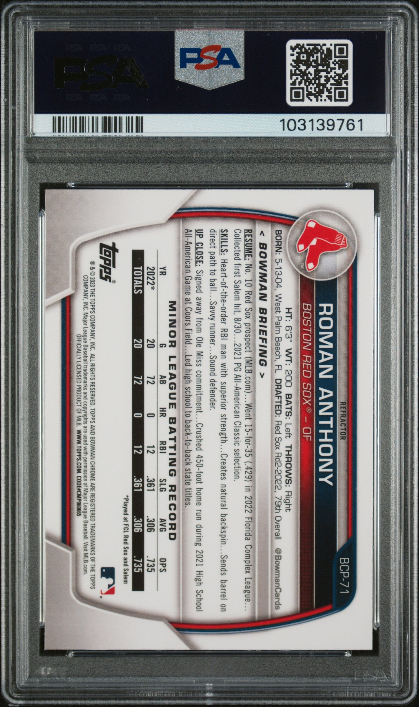 2023 Bowman Roman Anthony Lunar Glow Refractor PSA 10