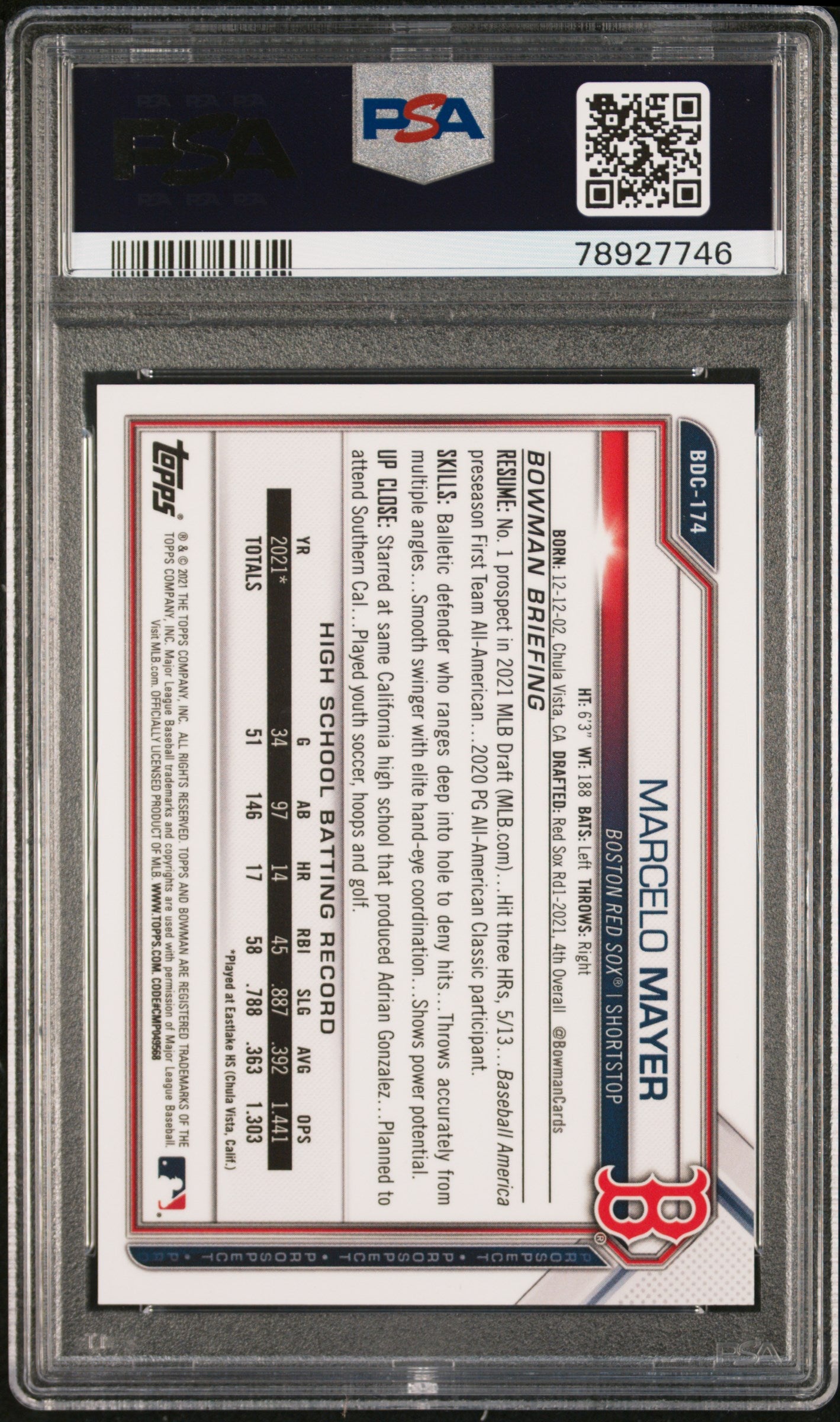 2021 Bowman Draft Marcelo Mayer Blue Refractor 038/150 PSA 9