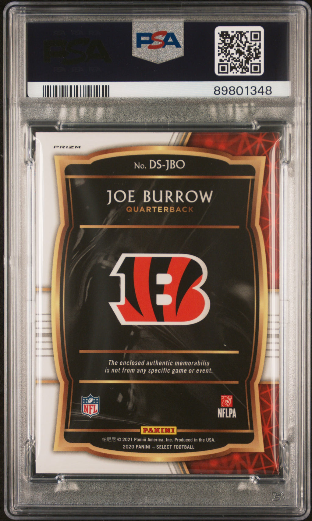 2020 Panini Select Draft Selections Memorabilia Prizm Joe Burrow #DSJBO Drft. Slct. Mem. PRZ Red PSA 9