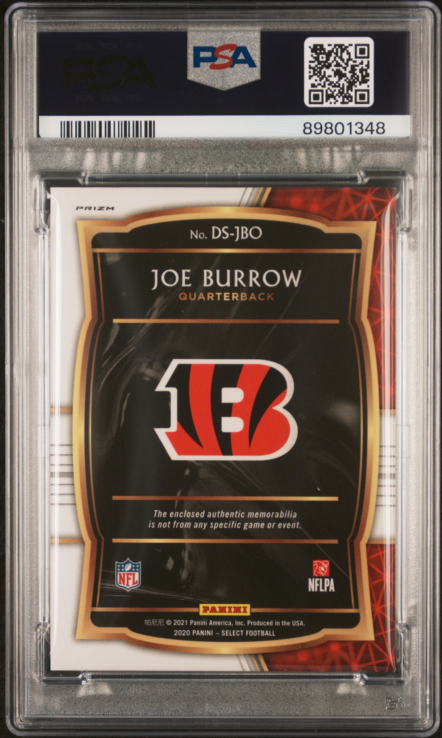 2020 Panini Select Draft Selections Memorabilia Prizm Joe Burrow #DSJBO Drft. Slct. Mem. PRZ Red PSA 9