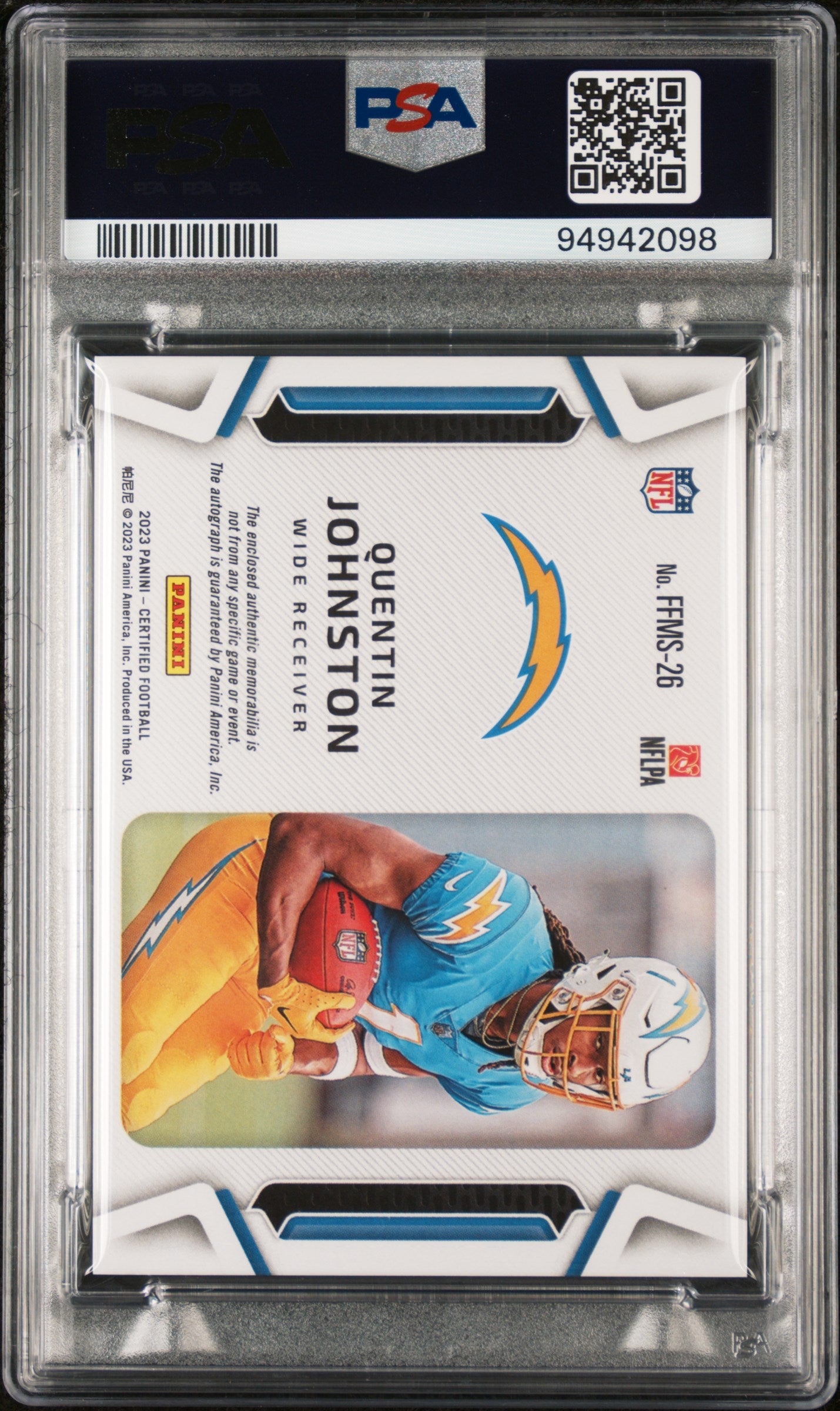 2023 Panini Certified Freshman Fabric Mirror Signature Quentin Johnston #FFMS26 Frshmn GLD PSA 9