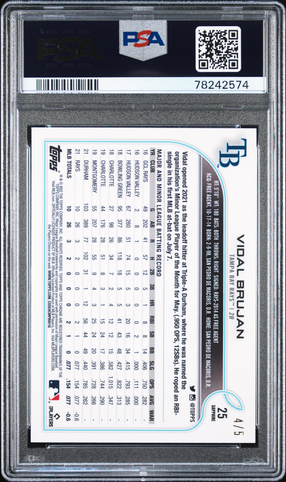 2022 Topps Chrome Sapphire Vidal Brujan Rookie Red 4/5 PSA 9 RC