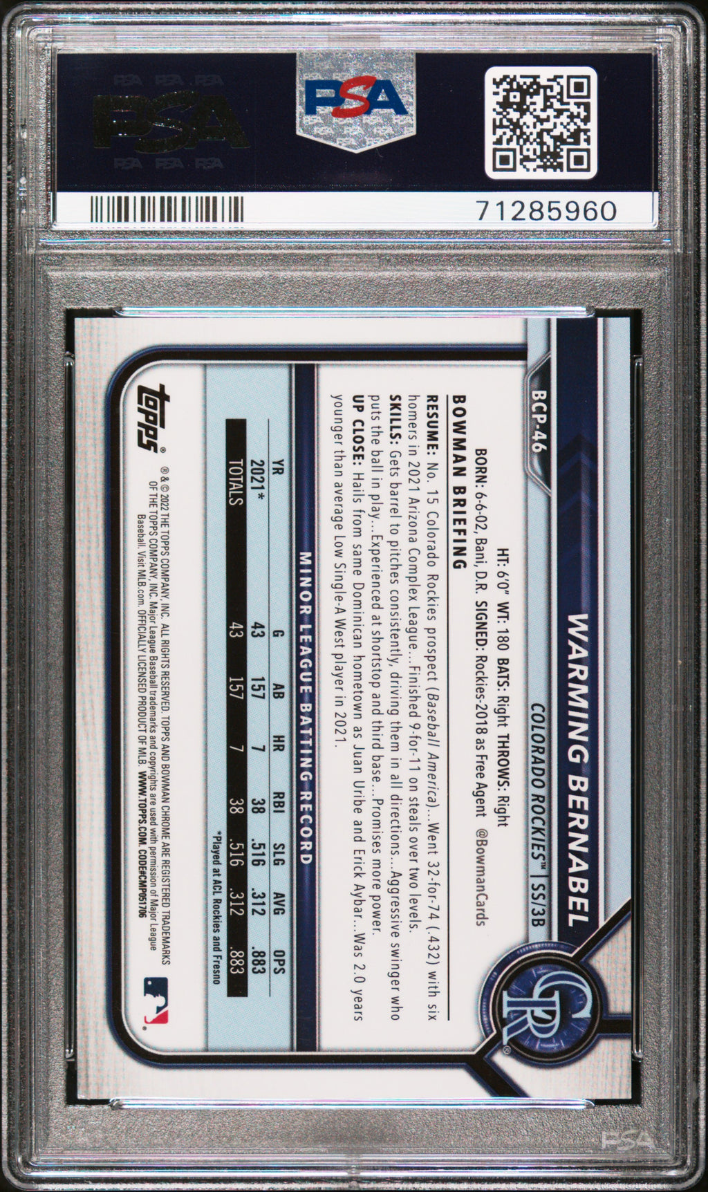 2022 Bowman Warming Bernabel Chrome Prospect Purple Ray Wave 232/250 PSA 10