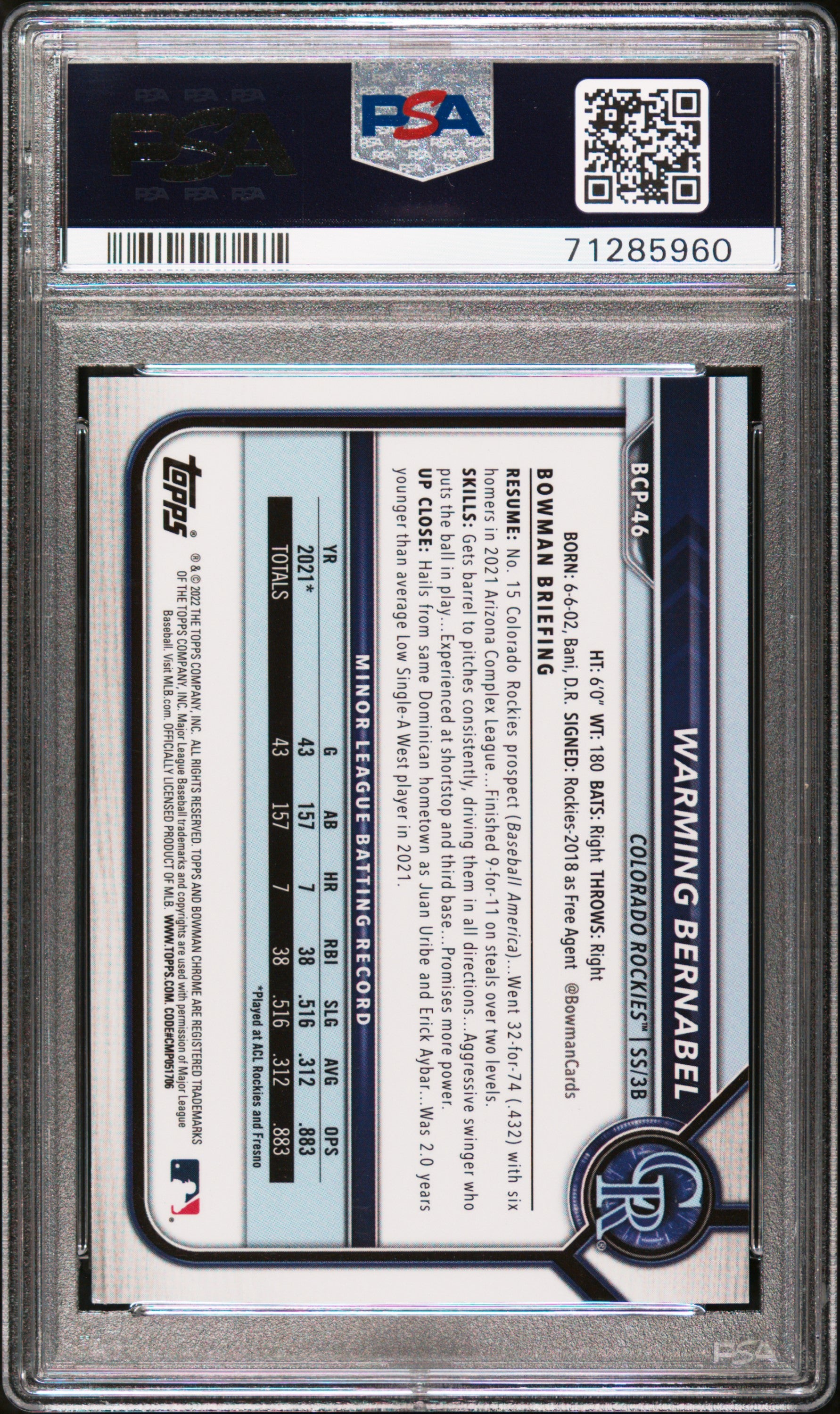 2022 Bowman Warming Bernabel Chrome Prospect Purple Ray Wave 232/250 PSA 10