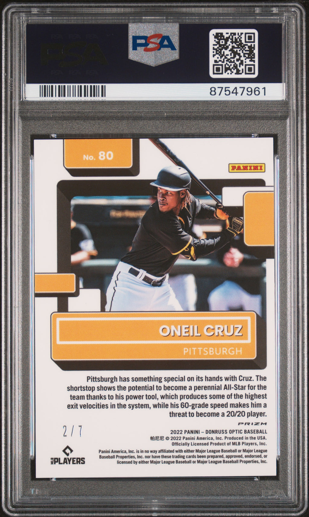 2022 Donruss Optic Oneil Cruz Rookie Green Cracked Ice FOTL 2/7 PSA 9 RC