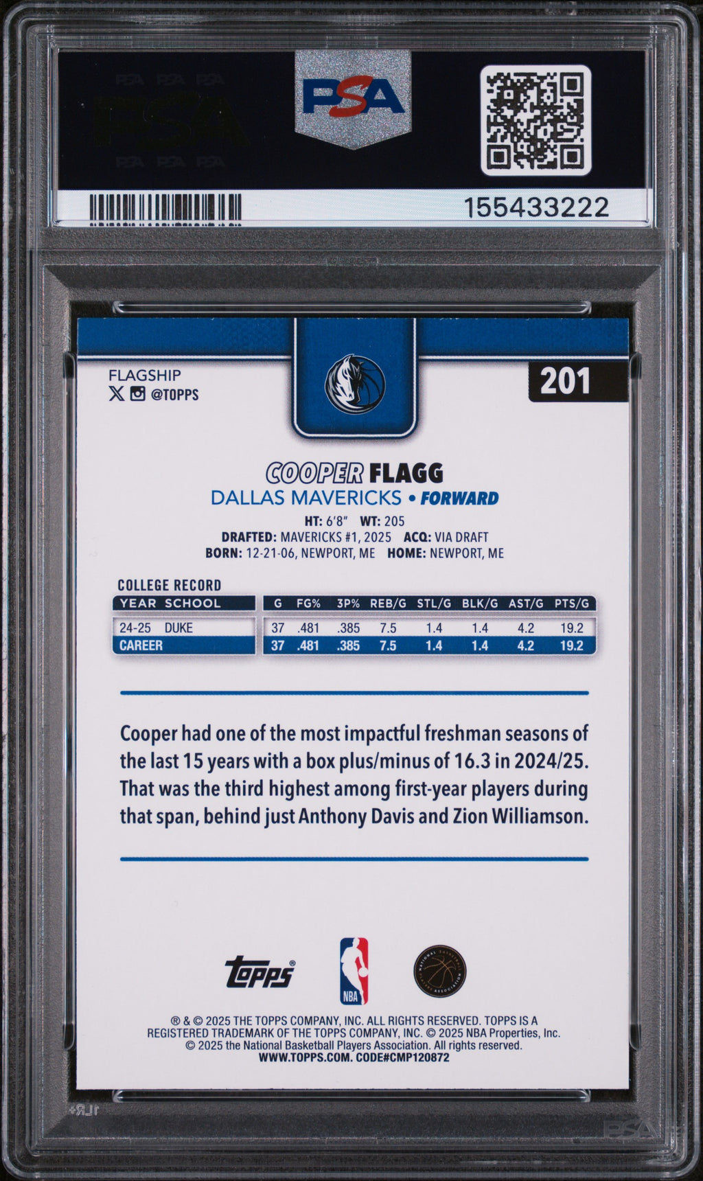 2025 Topps Cooper Flagg Crackleboard Foil Rookie PSA 9 RC