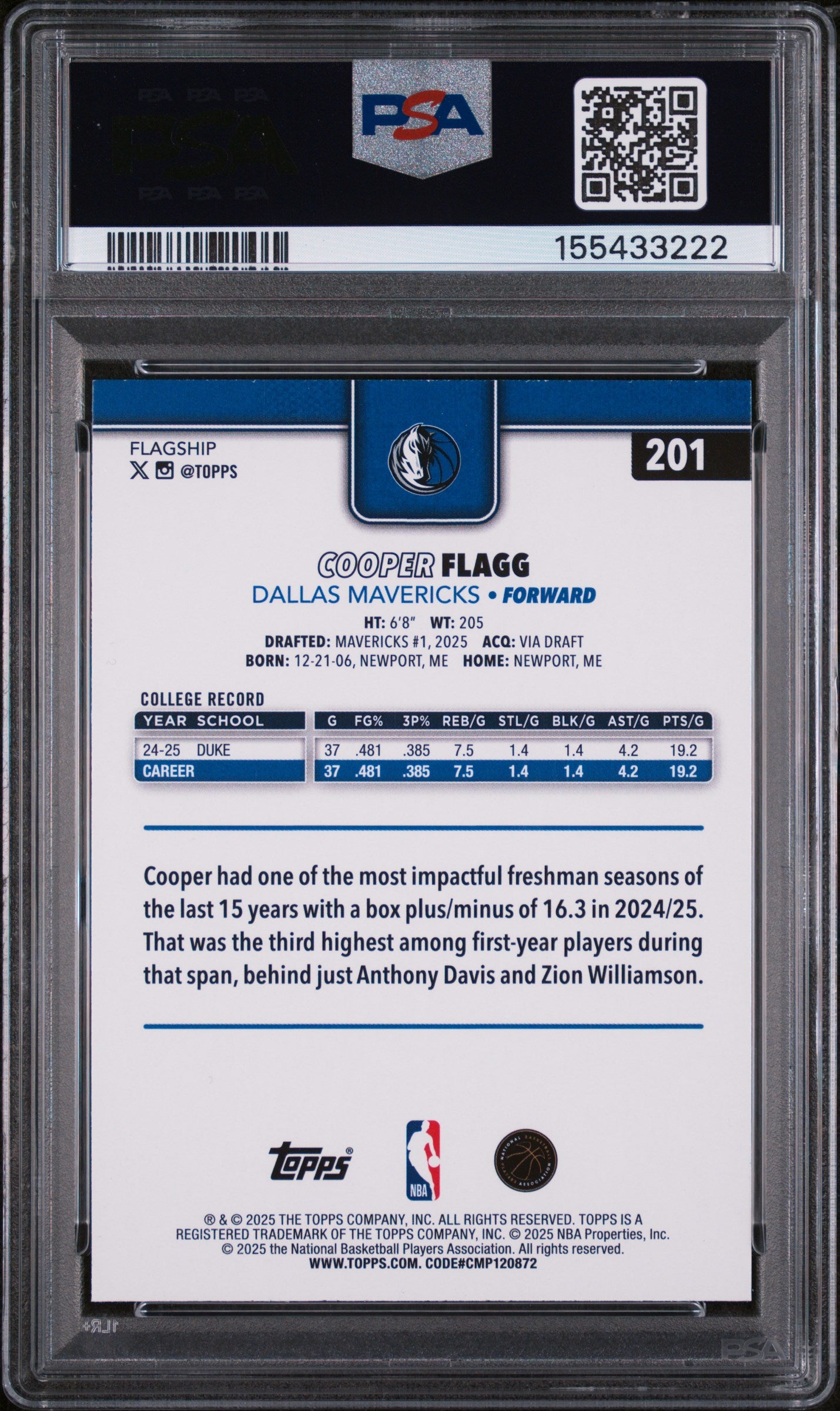 2025 Topps Cooper Flagg Crackleboard Foil Rookie PSA 9 RC