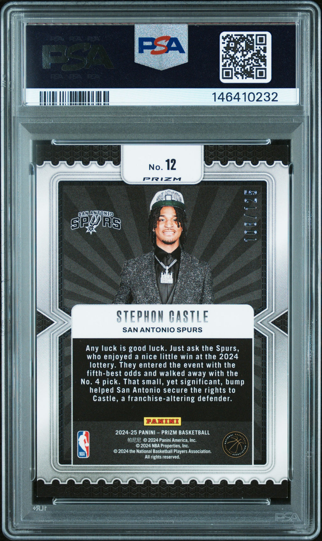 2024 Prizm Stephon Castle Luck of the Lottery Blue Ice 108/125 PSA 8 RC