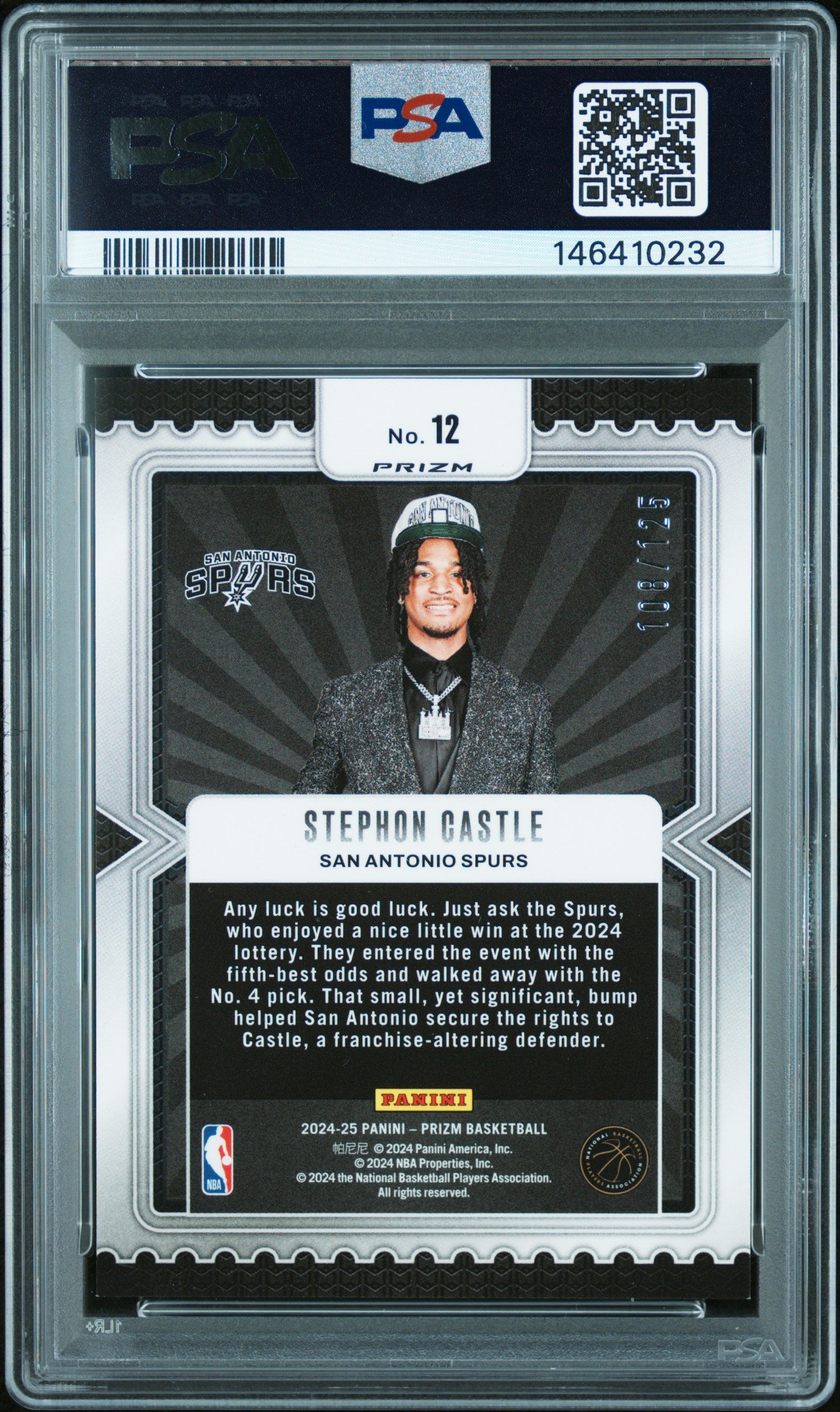 2024 Prizm Stephon Castle Luck of the Lottery Blue Ice 108/125 PSA 8 RC
