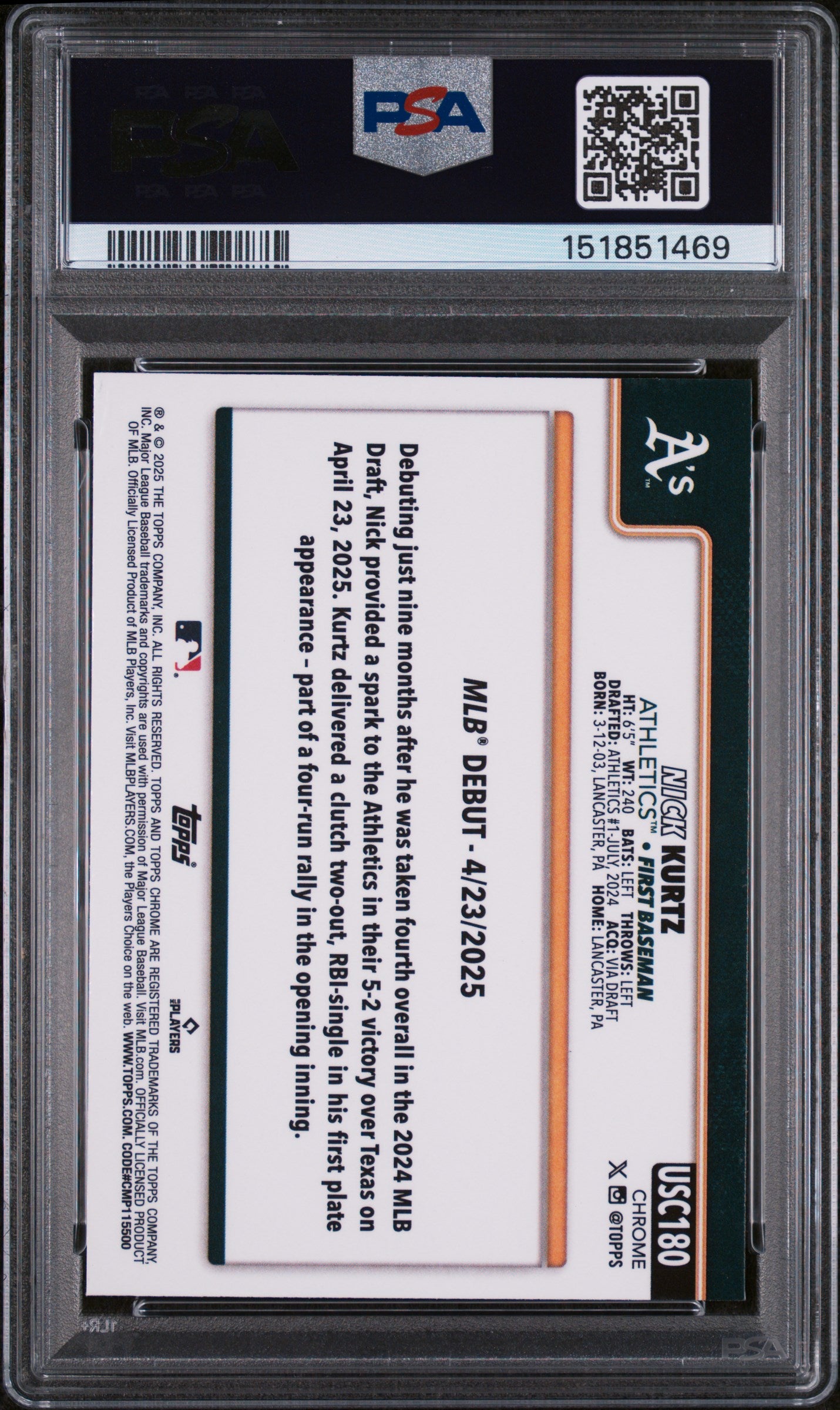 2025 Topps Chrome Update Nick Kurtz X-Fractor PSA 10