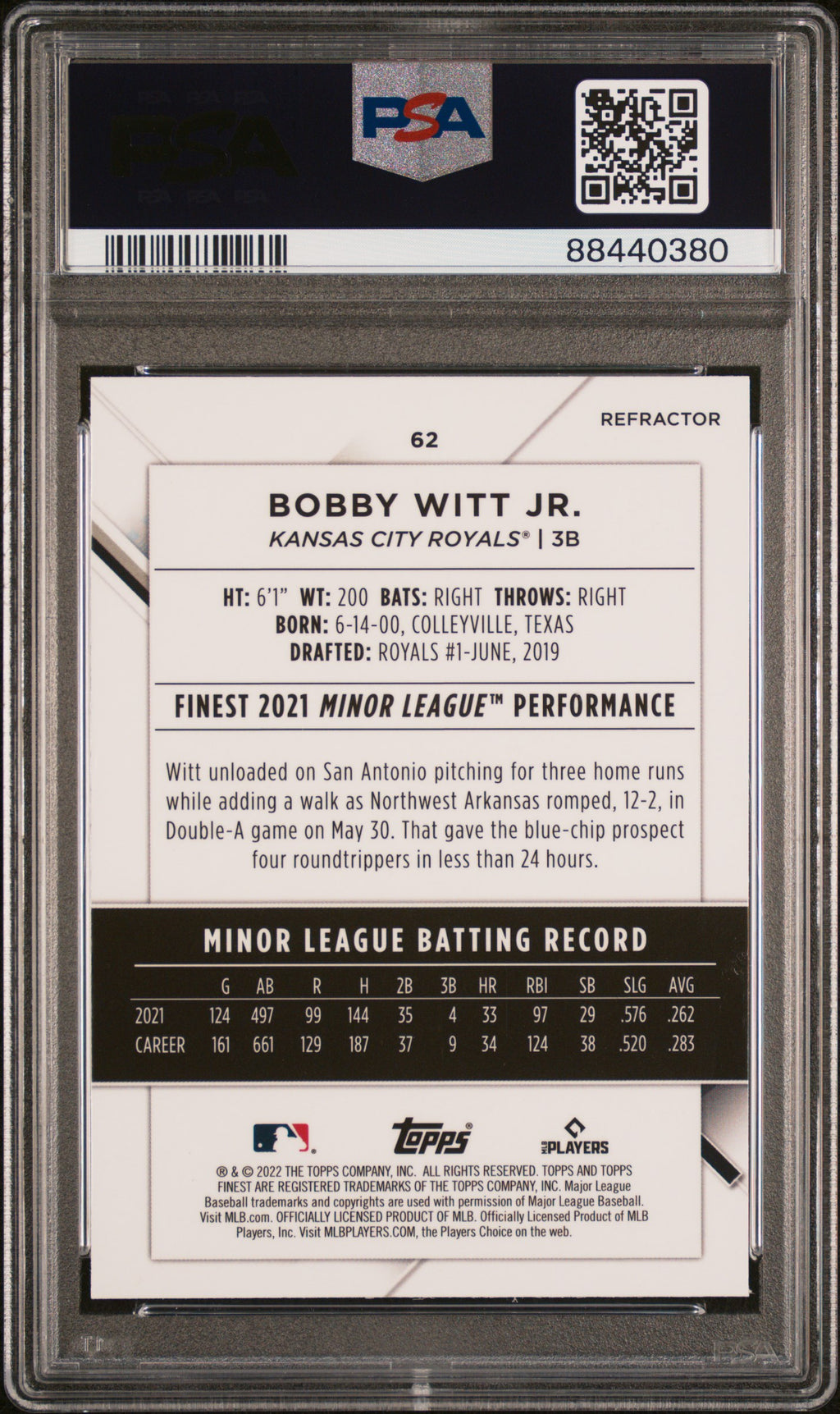 2022 Finest Bobby Witt Jr. Rookie Refractor PSA 10 RC