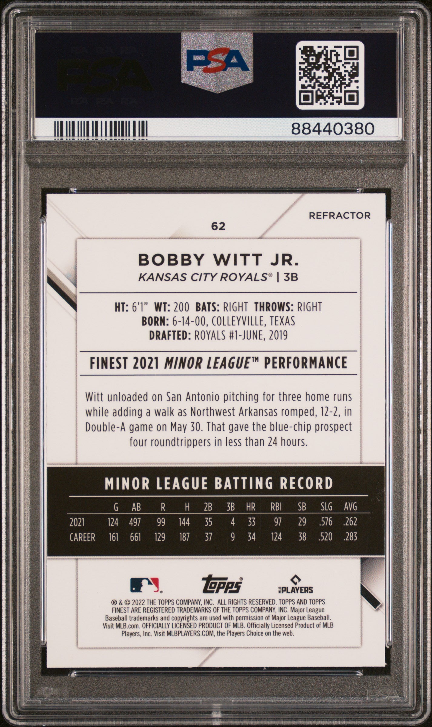2022 Finest Bobby Witt Jr. Rookie Refractor PSA 10 RC